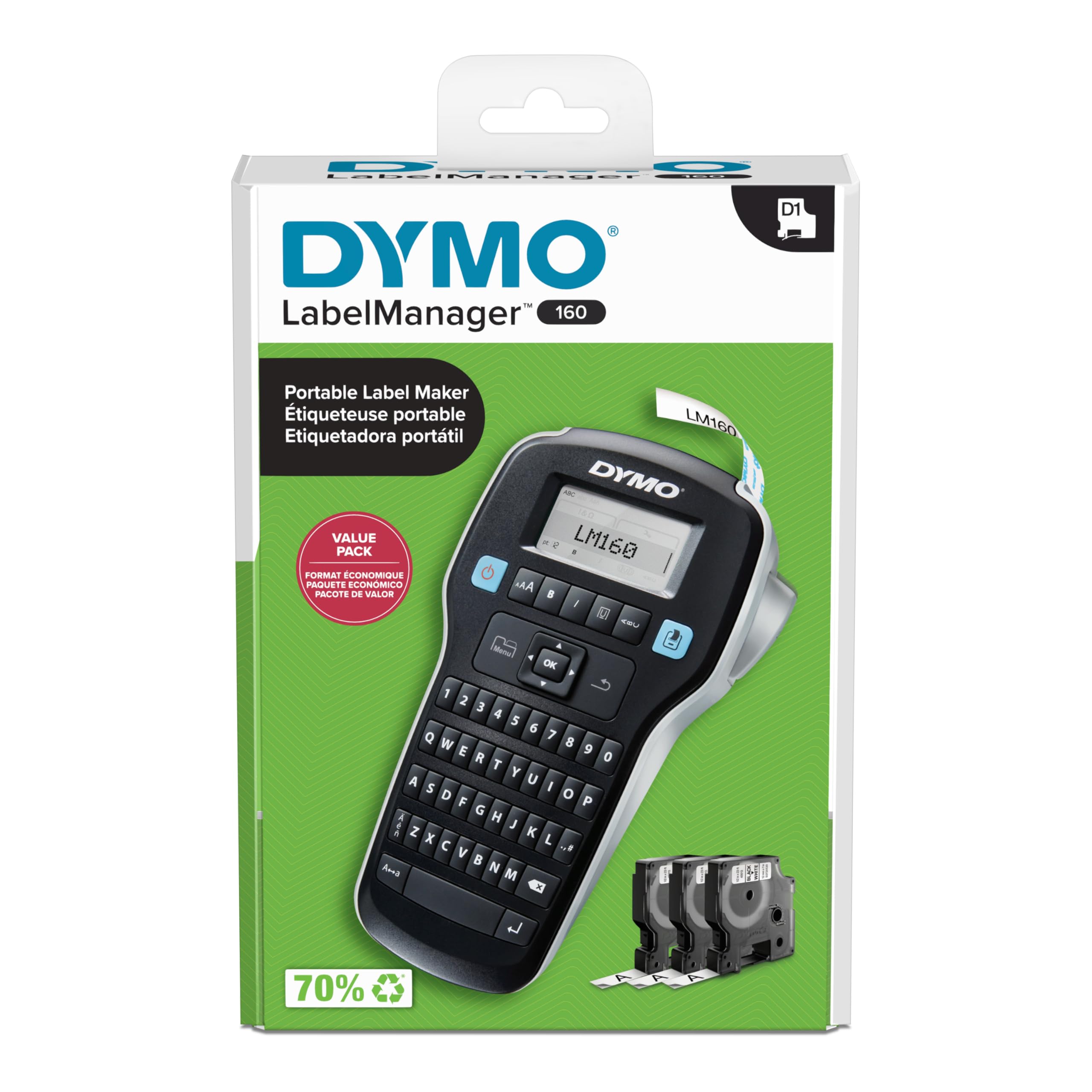 DYMO LabelManager 160 bundle with three D1 tape cassettes for immediate labeling convenience