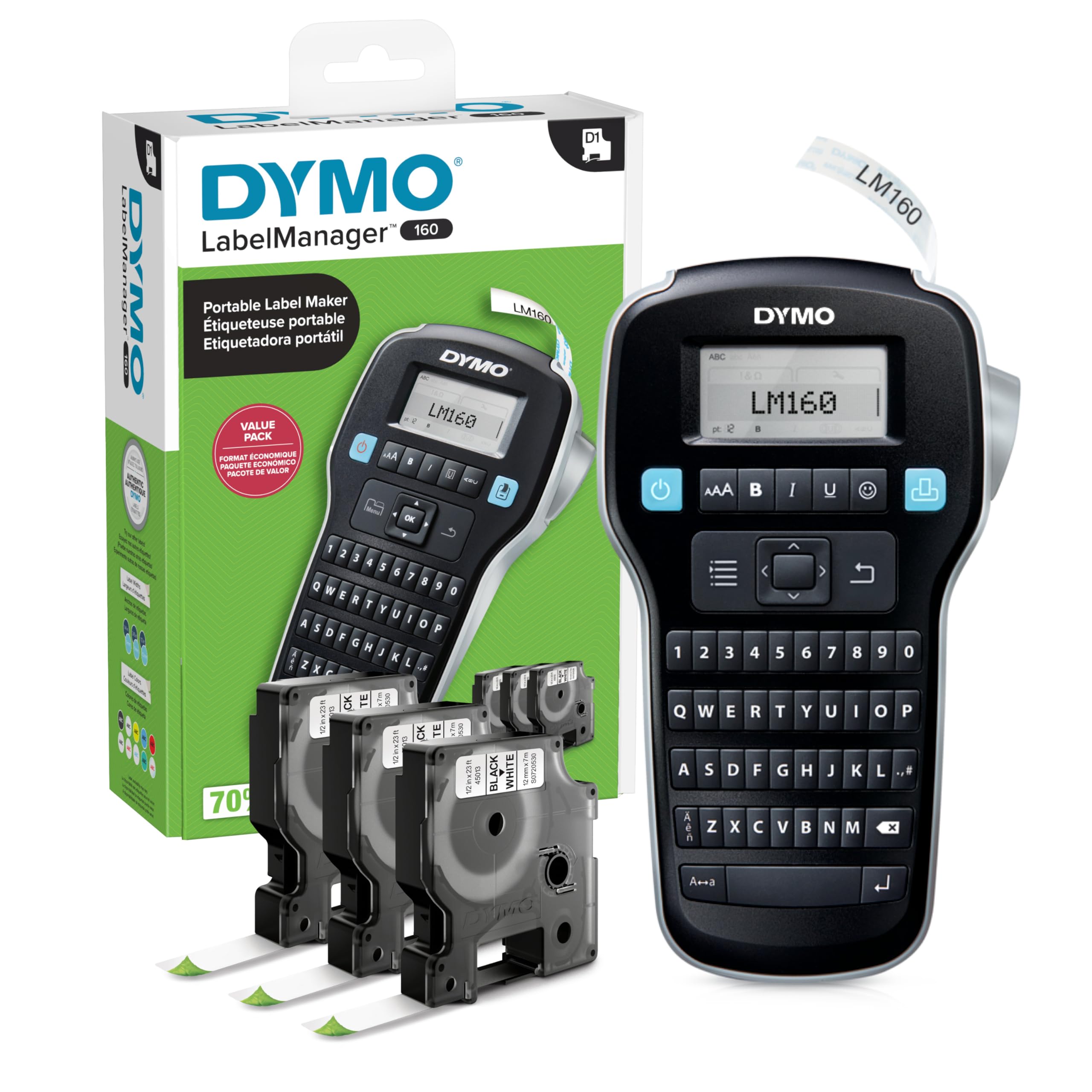 DYMO LabelManager 160 front view showing compact design and display, ideal for portability