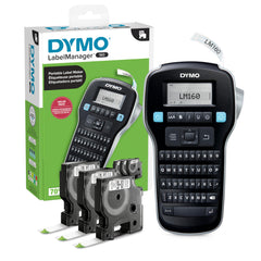 DYMO LabelManager 160 front view showing compact design and display, ideal for portability