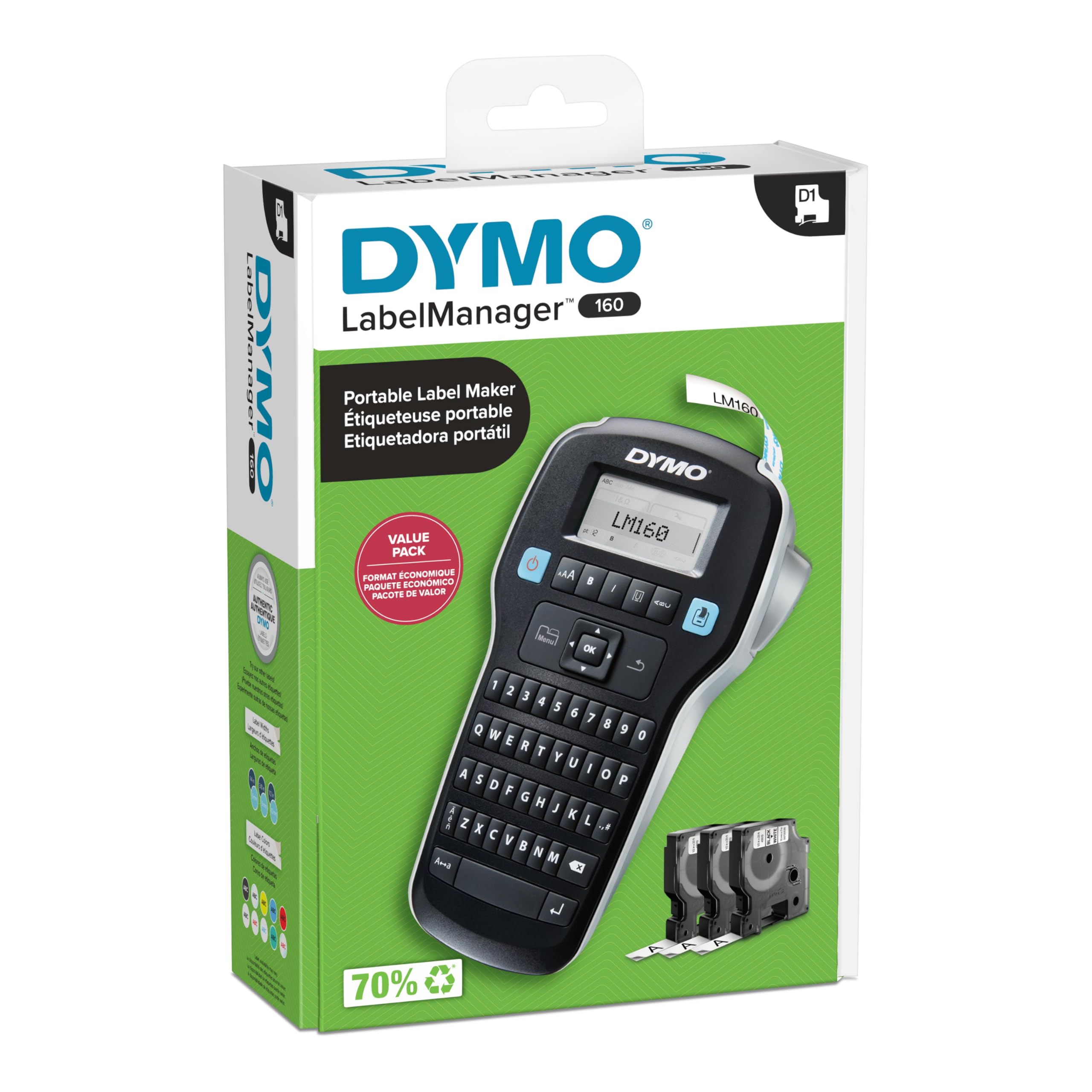 DYMO LabelManager 160 printing a label, demonstrating clear black-on-white print quality