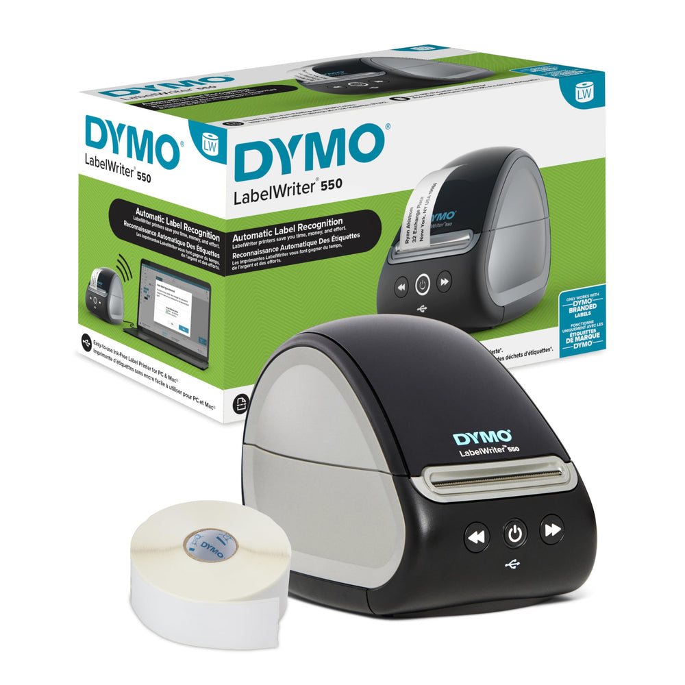 DYMO front view showing compact printer and neat footprint benefit