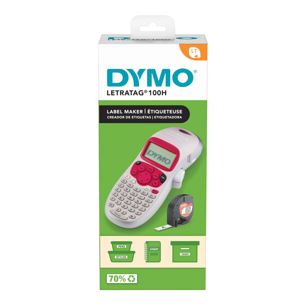 DYMO LetraTag LT-100H packaging showing sustainability info emphasizing recycled materials