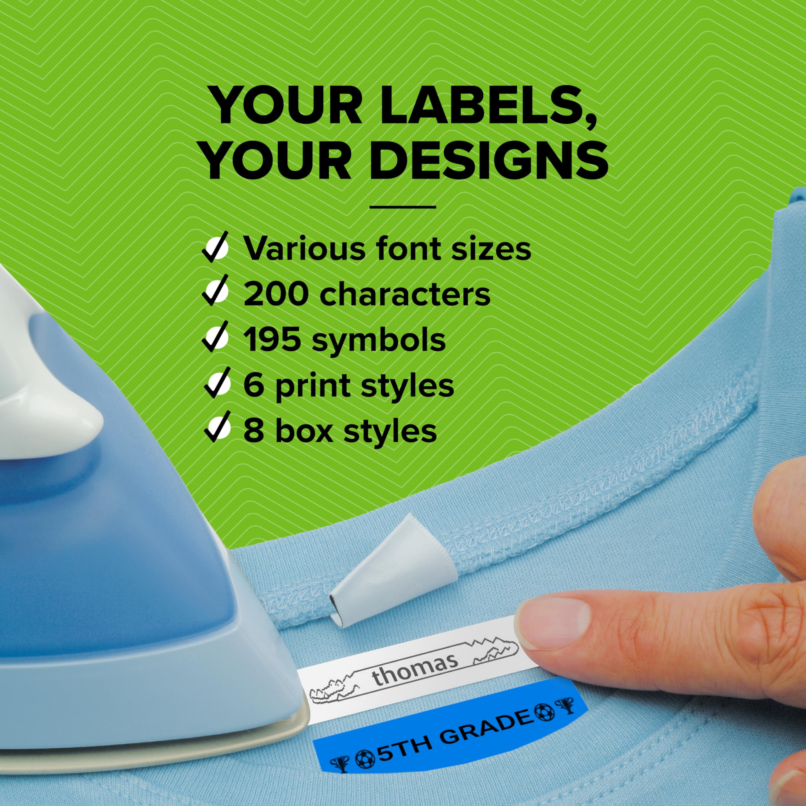 DYMO LetraTag LT-100H textile tape on clothing tag offering durable fabric labels