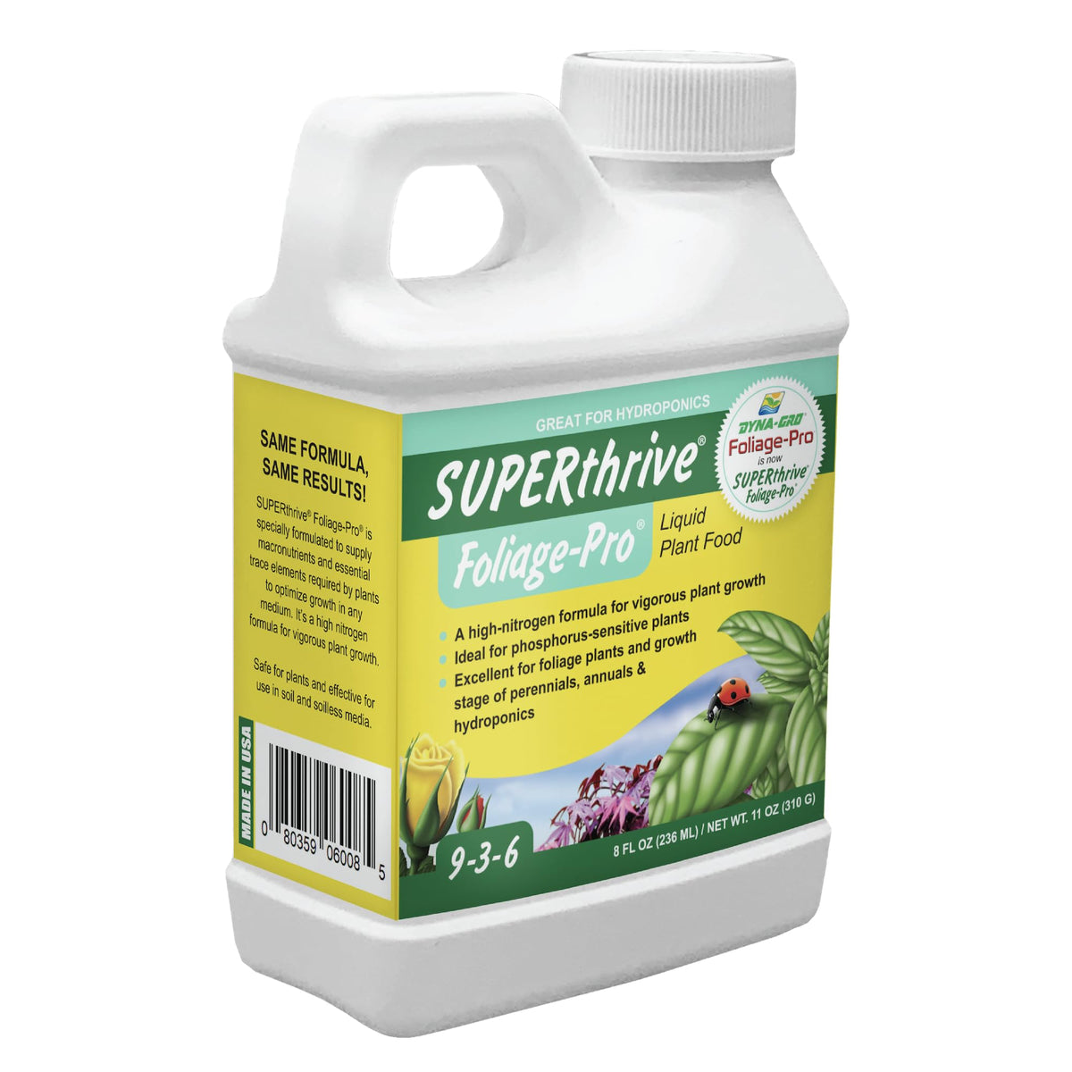 Dyna-Gro bottle front view showing 8 oz foliage nutrient, clear labeling and benefit for vigorous growth
