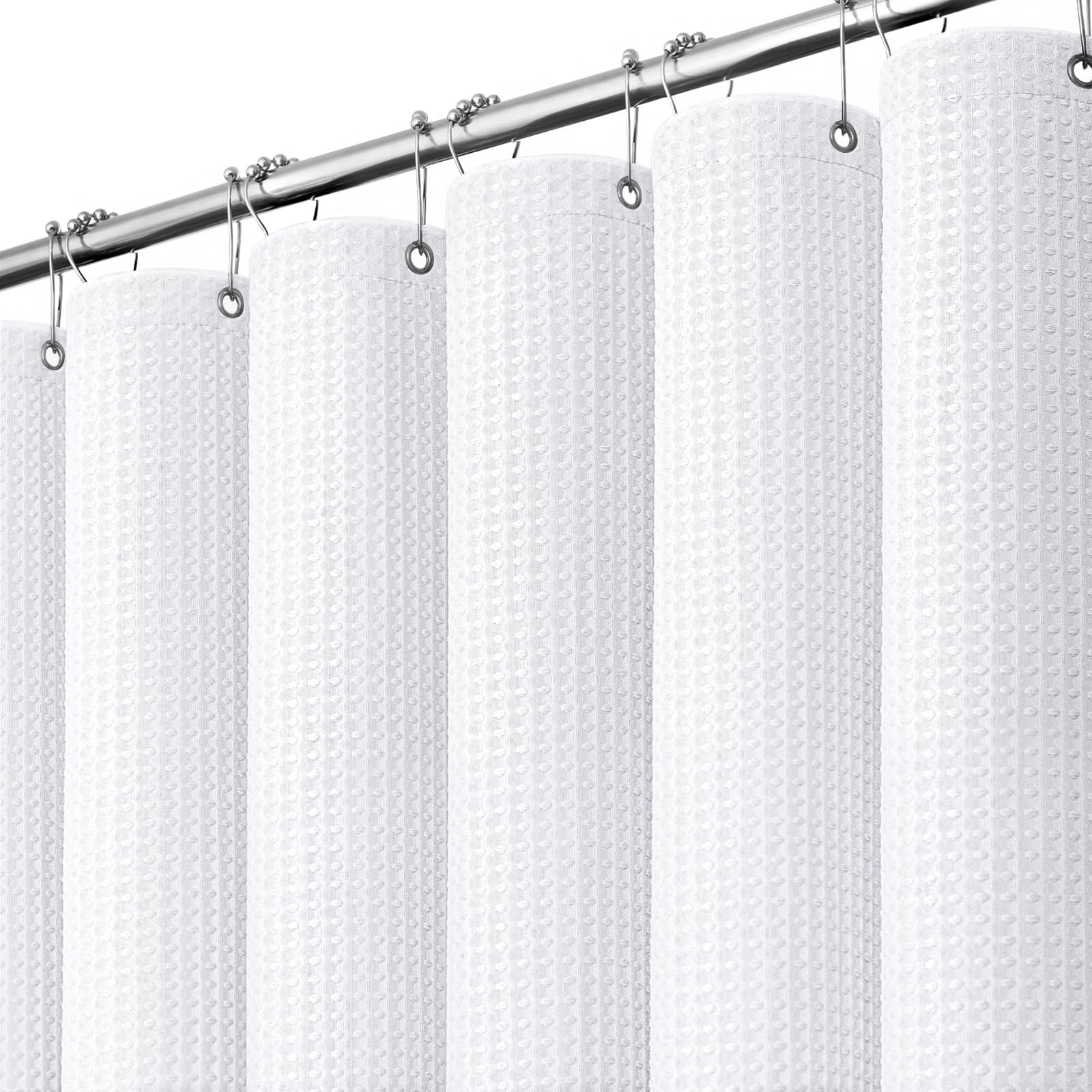 Dynamene front view of white waffle shower curtain showing clean modern look and privacy
