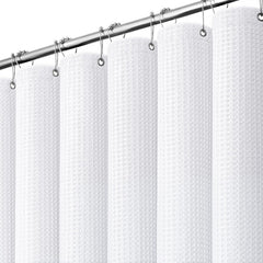 Dynamene front view of white waffle shower curtain showing clean modern look and privacy