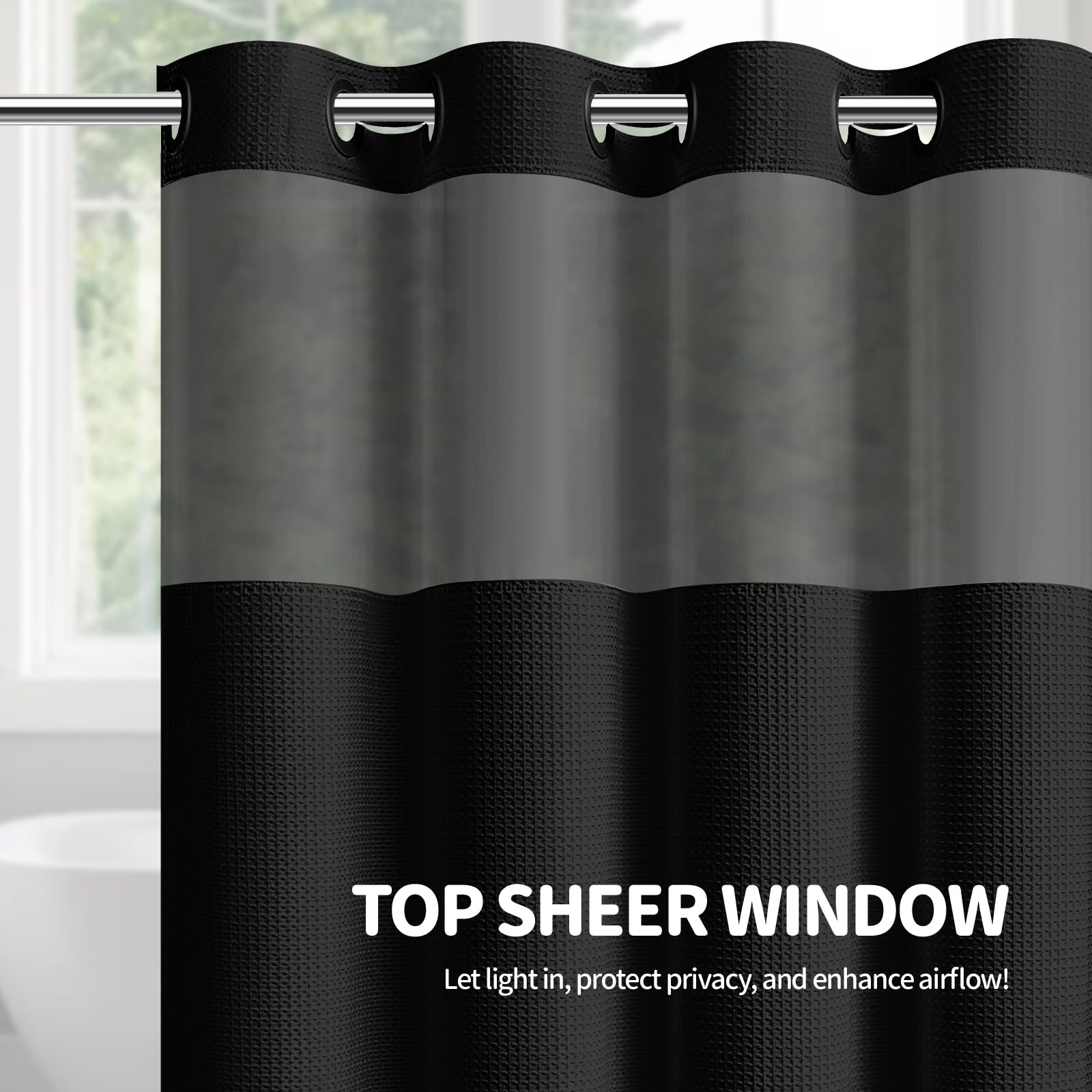 Dynamene in bathroom lifestyle with curtain installed showing stylish, tidy space