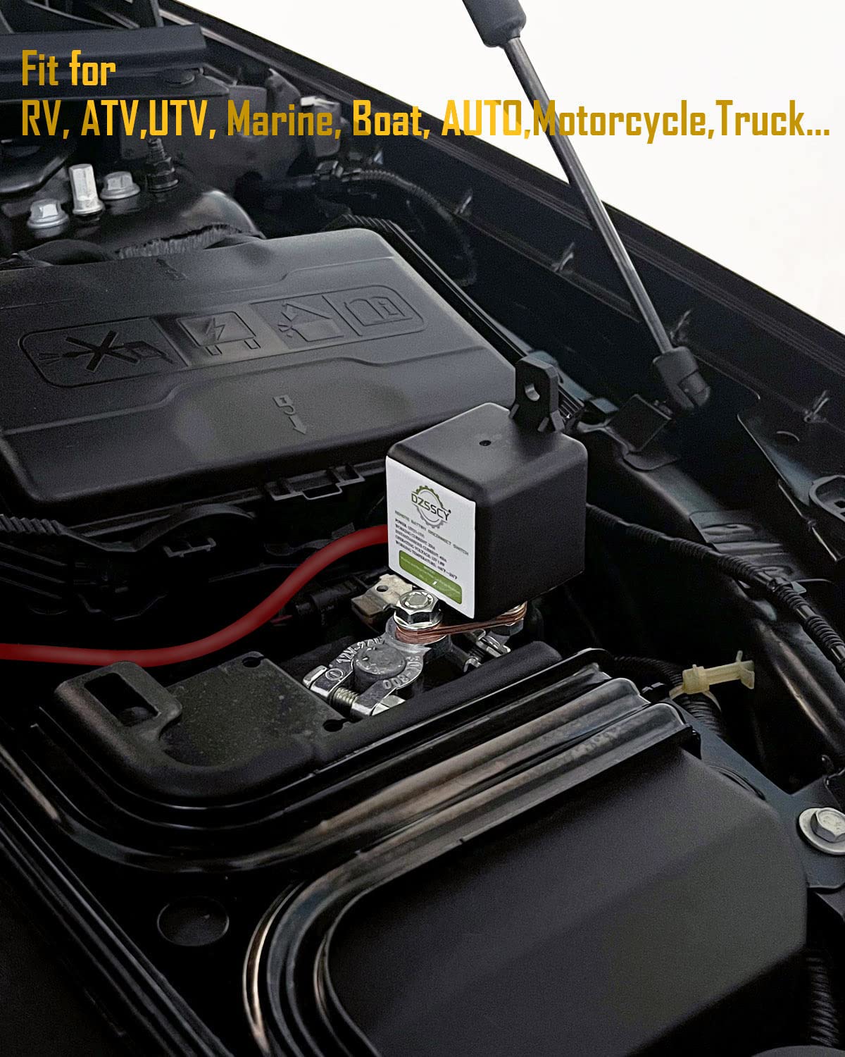 DZSSCY mounted on RV battery in lifestyle scene offering battery preservation and theft deterrence