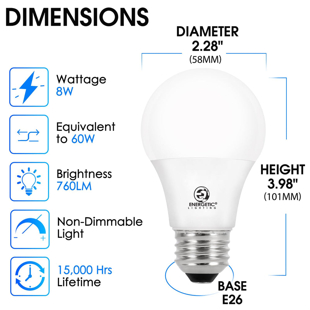 E ENERGETIC LIGHTING close-up of A19 bulb glass highlighting build quality