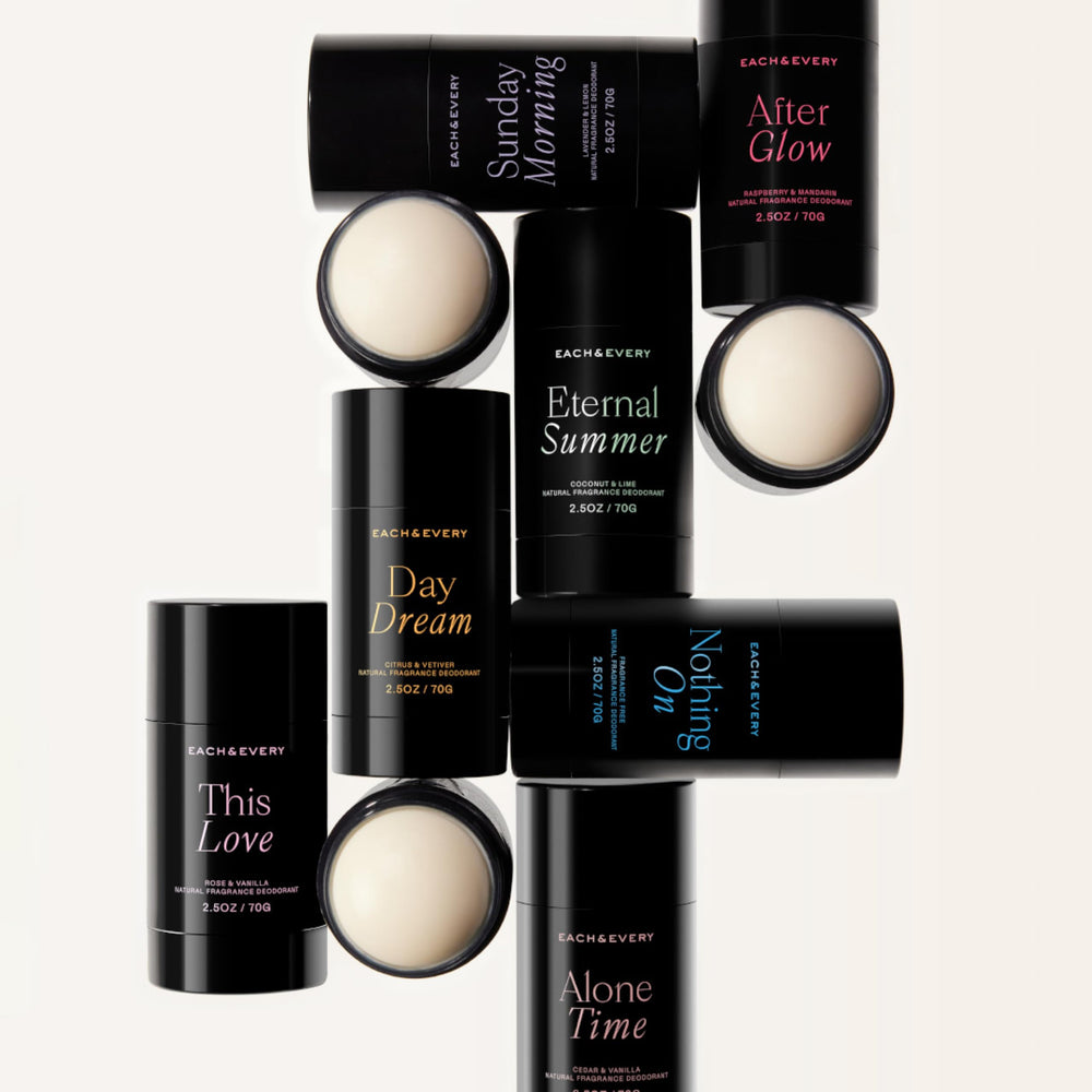 Each & Every deodorant in a toiletry bag suggests travel-friendly routine