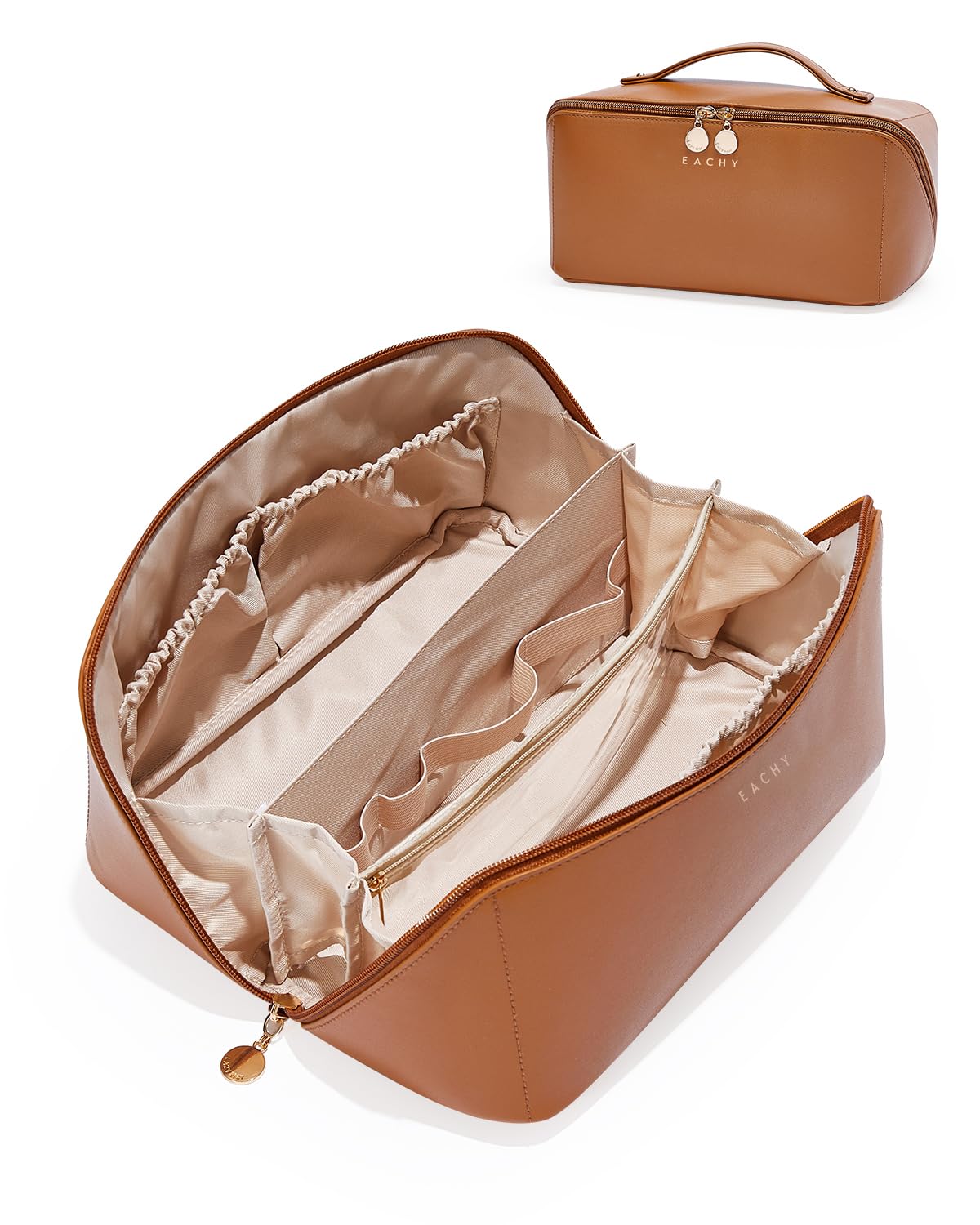 EACHY front view of brown PU leather cosmetic bag showing durable exterior and style