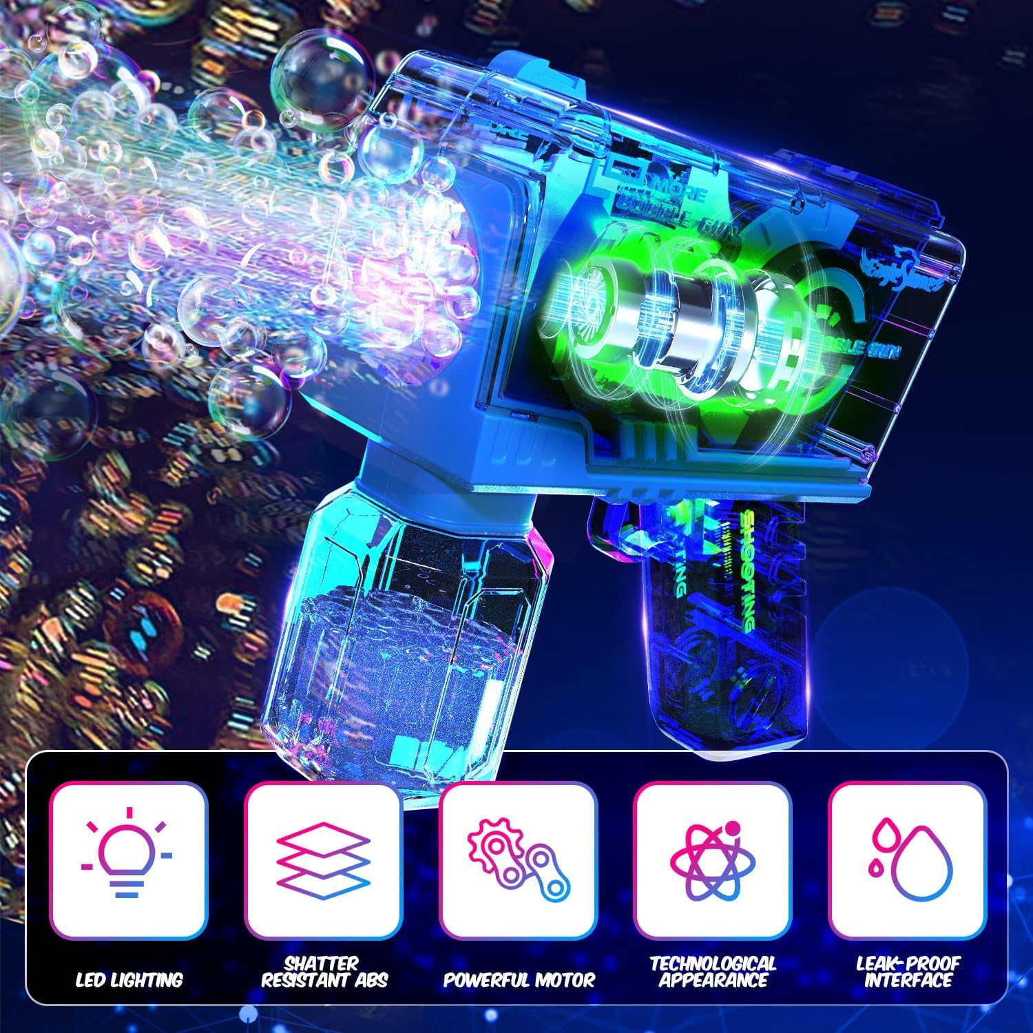 EagleStone bubble gun LED lighting effect creating colorful nighttime ambiance