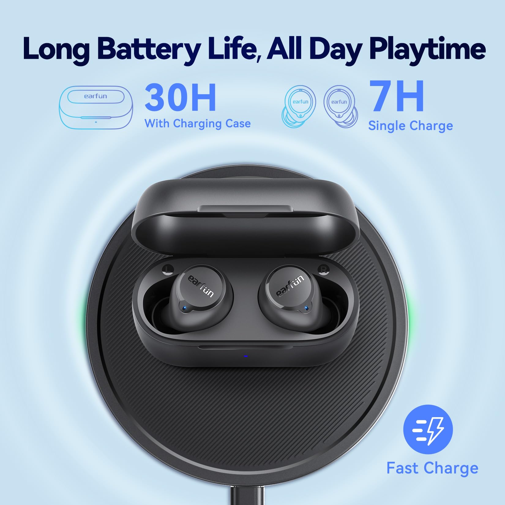 EarFun case on wireless charger, convenient cable-free charging benefit