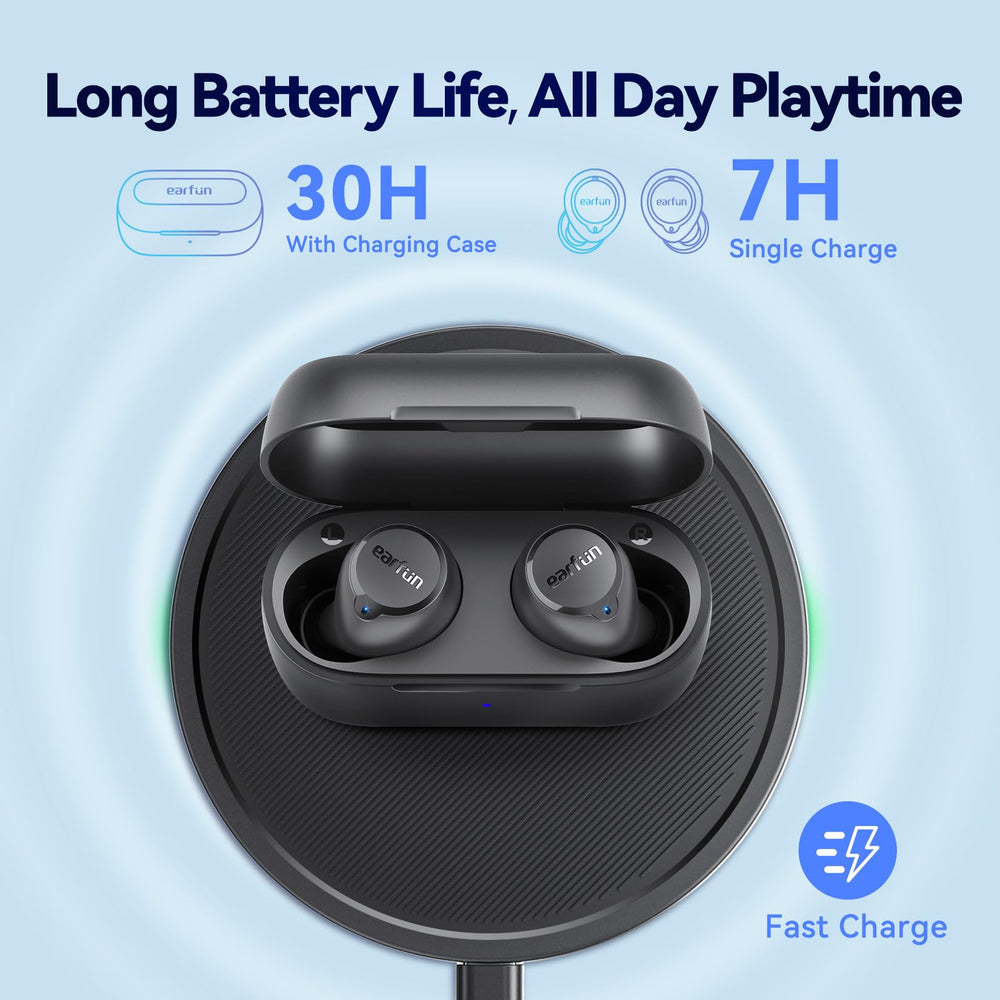 EarFun case on wireless charger, convenient cable-free charging benefit