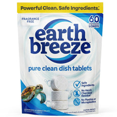 Earth Breeze front packaging showing 60-count plastic-free tablets and benefits