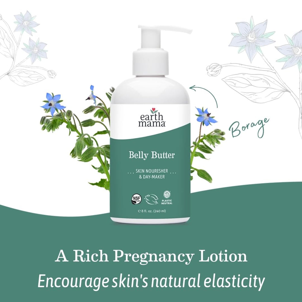 Earth Mama belly butter jar on wooden shelf highlighting natural-styled home benefit