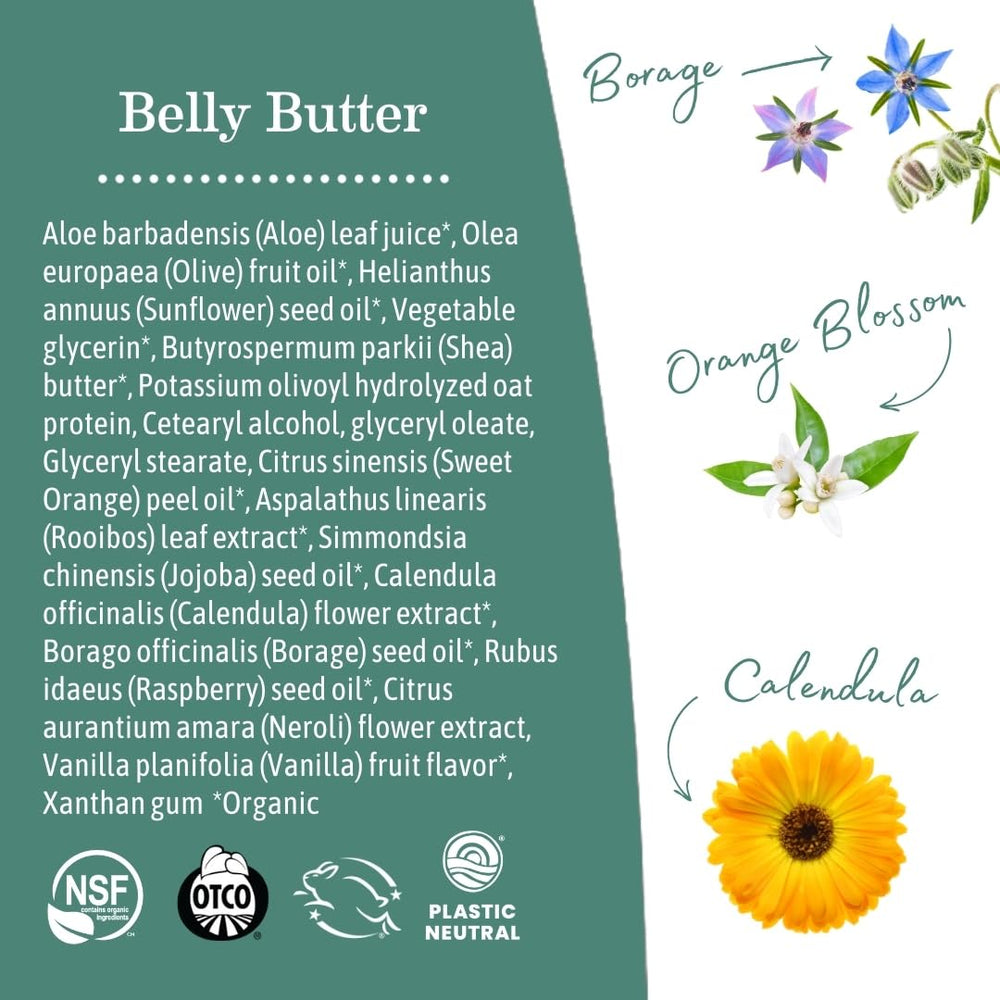 Earth Mama belly butter size comparison with hand showing generous 8 fl oz benefit
