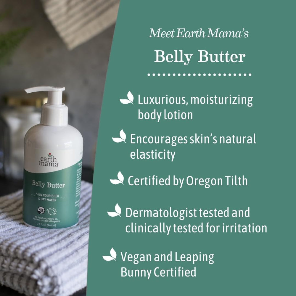 Person applying Earth Mama belly butter to belly showing soothing hydration benefit