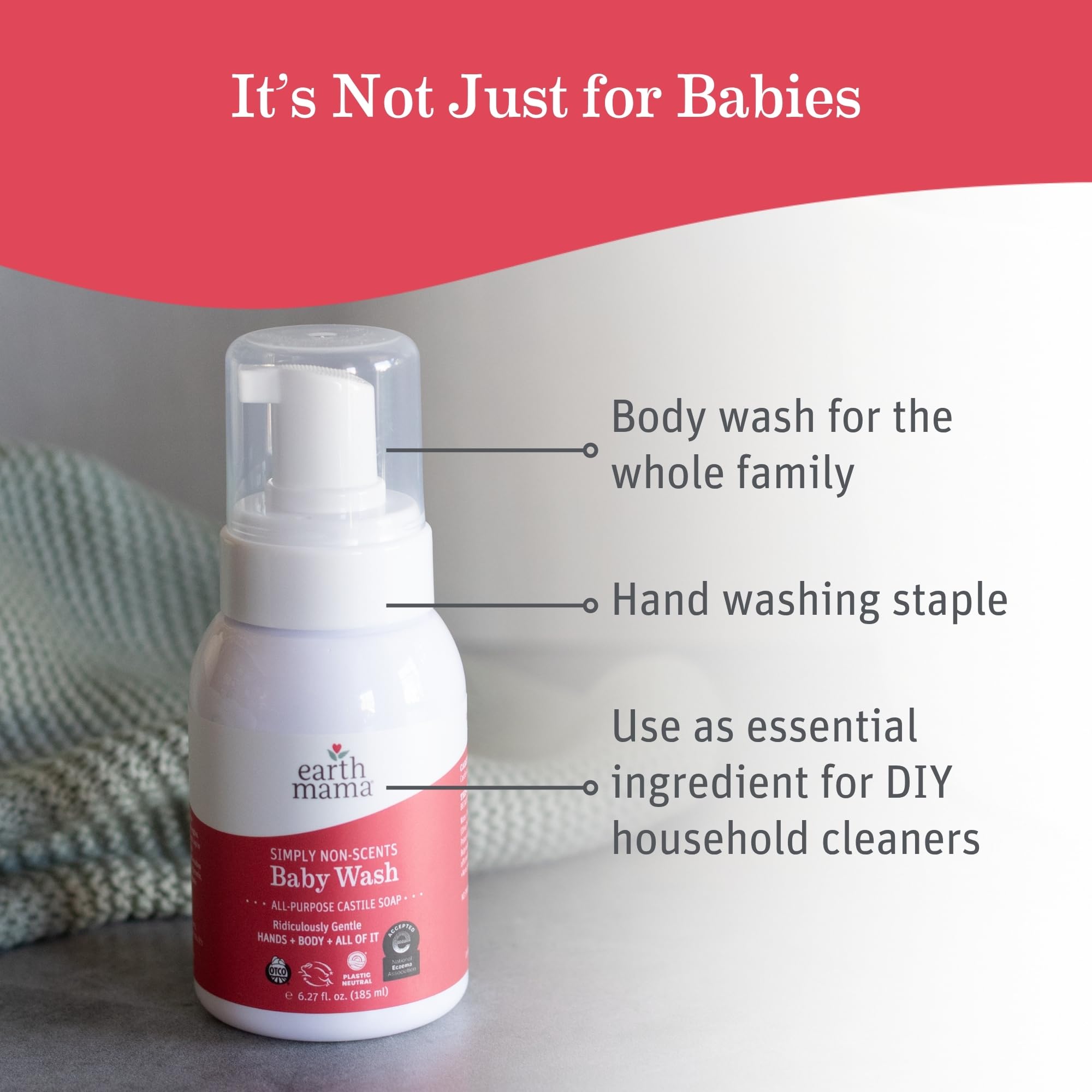 Earth Mama foamer pump close-up demonstrating easy one-hand dispensing benefit