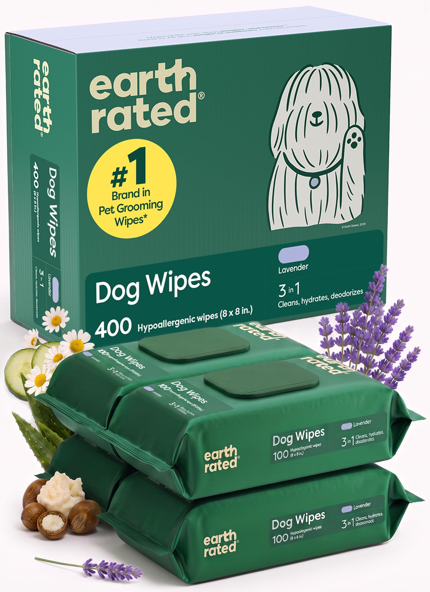 Earth Rated front packaging showing 400-count tub and lavender scent benefit