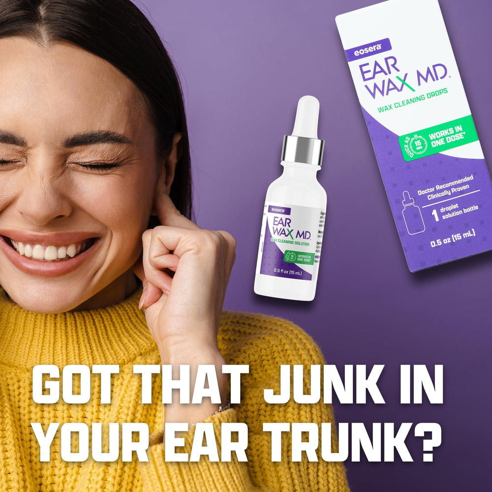 Earwax MD drop texture on fingertip illustrating gentle liquid formula and quick softening benefit