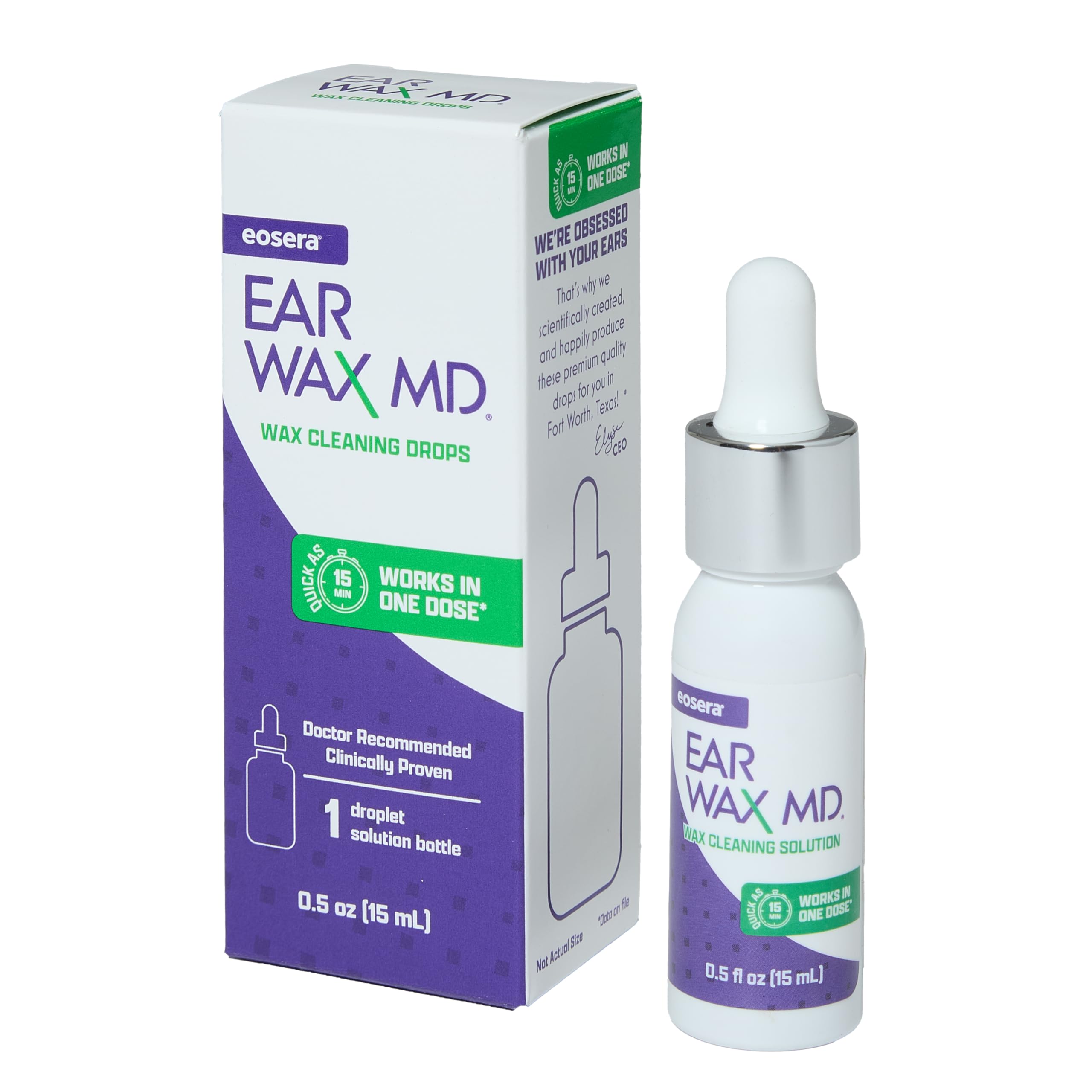 Earwax MD front packaging of eosera 15 mL showing compact bottle and clear labeling benefit
