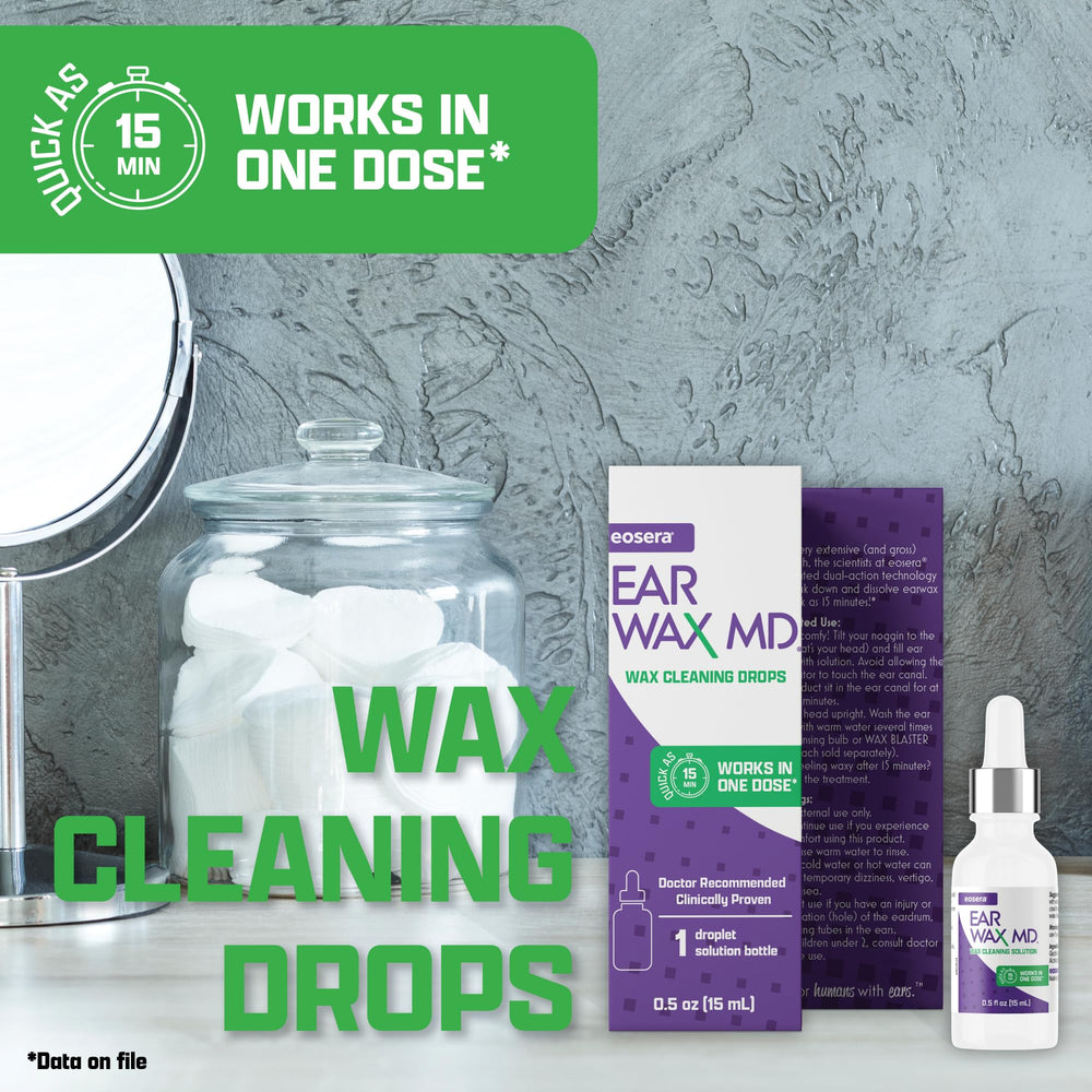 Earwax MD label detail close-up highlighting ingredients and dual-action technology benefit