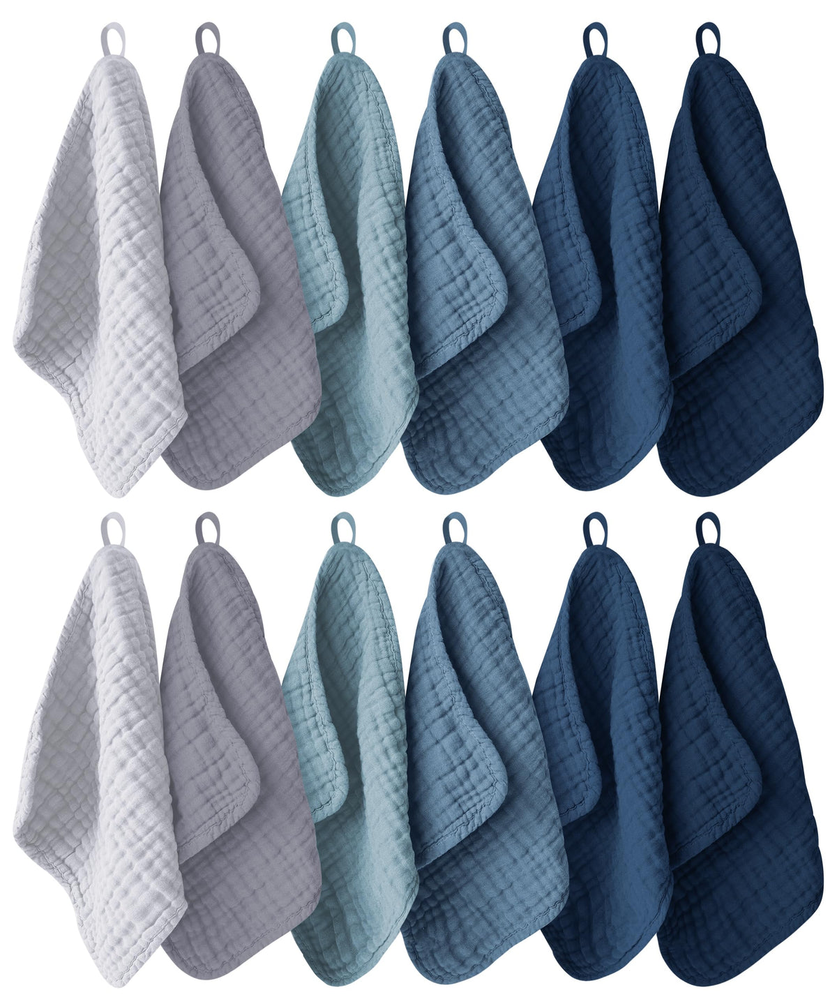 Ease Cubs front stack of washcloths showing neat navy slate grey set and easy grab