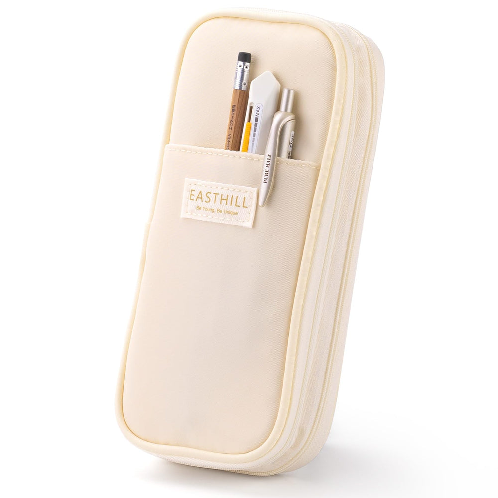 EASTHILL cream pencil case front view showing clean design and capacity benefit