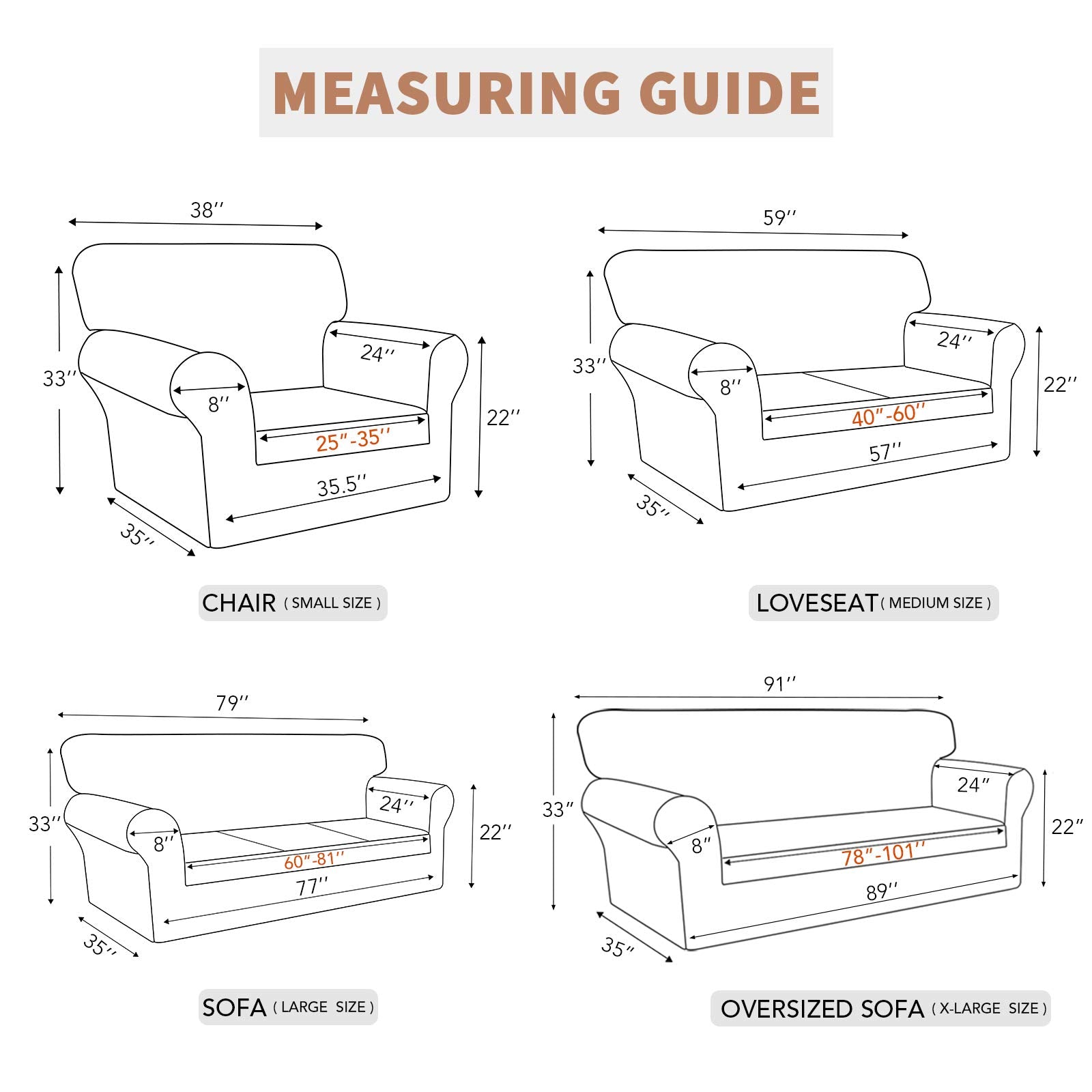 Easy-Going cover next to measuring tape illustrating fit for 60 to 81 inch sofas