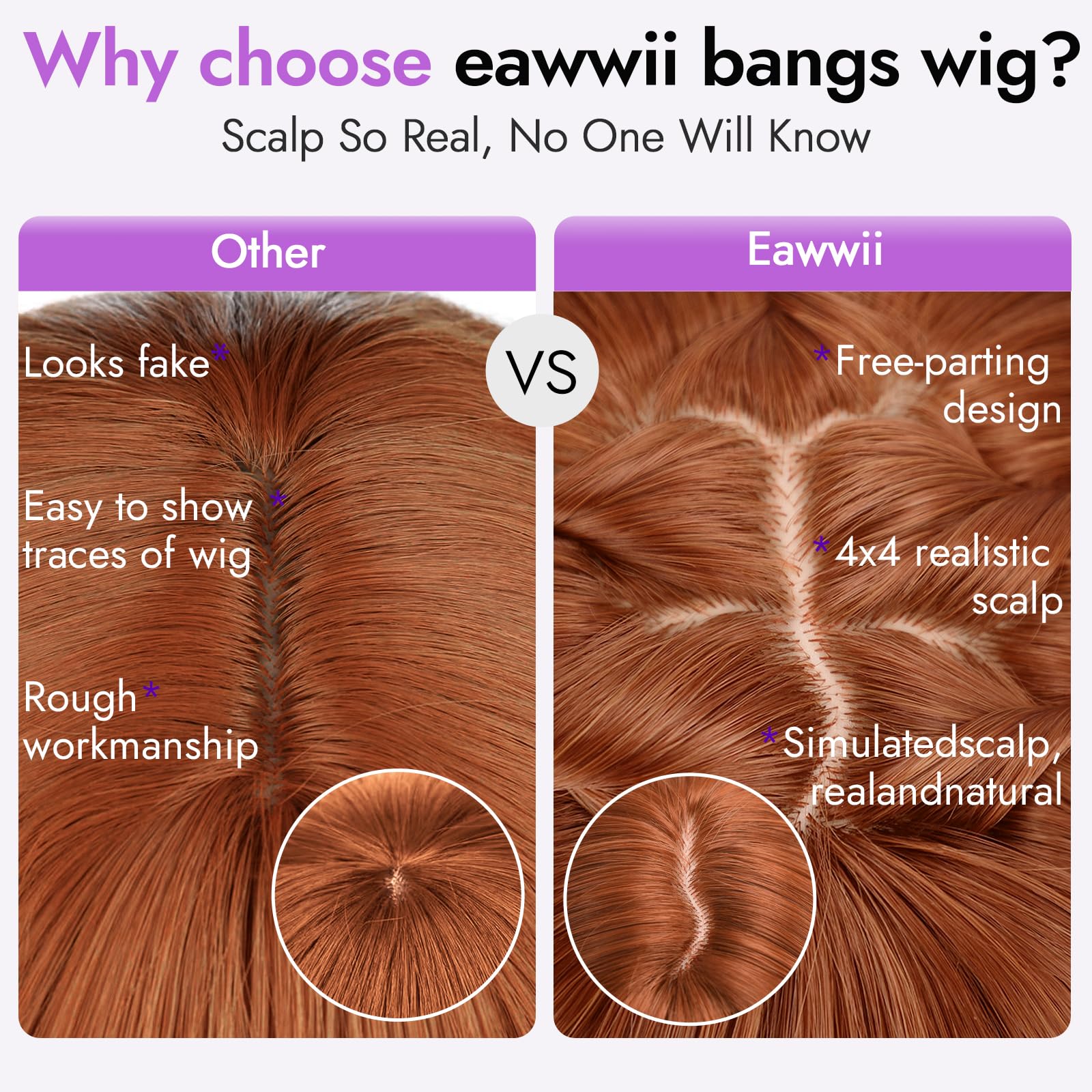 Eawwii ginger wig close-up of 4x4 realistic scalp for natural parting