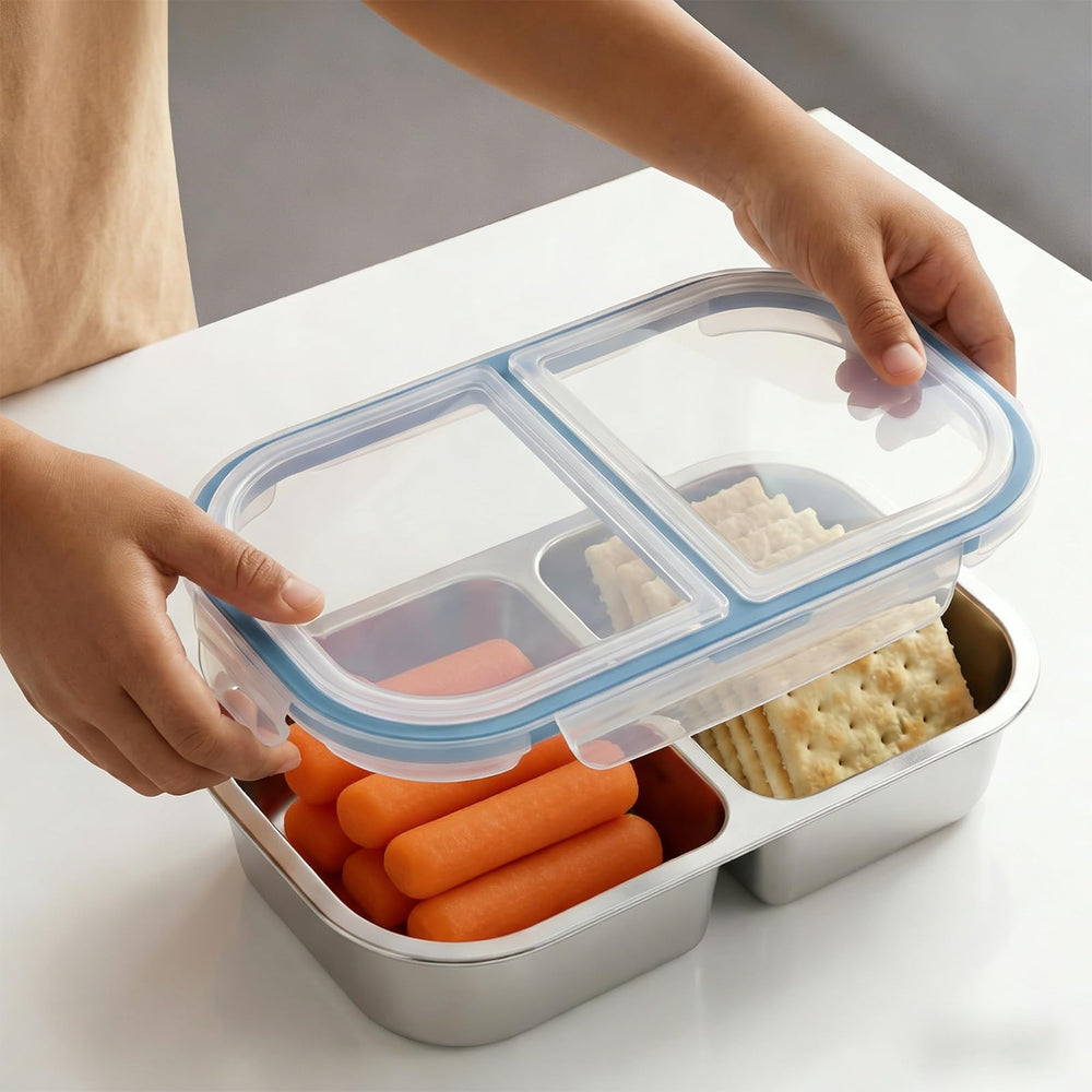 EC-Gaze containers on a picnic blanket with fruit and dip, ideal for outdoor meals