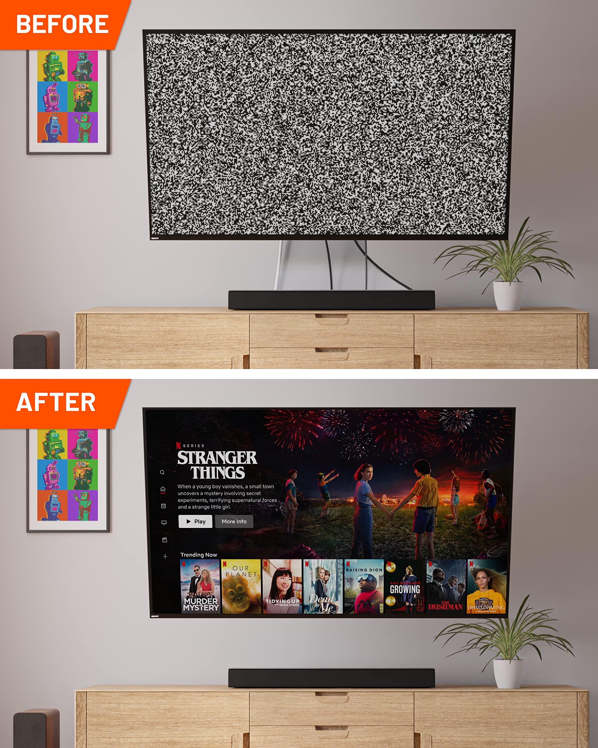 ECHOGEAR installed behind-wall TV side view showing hidden wires benefit