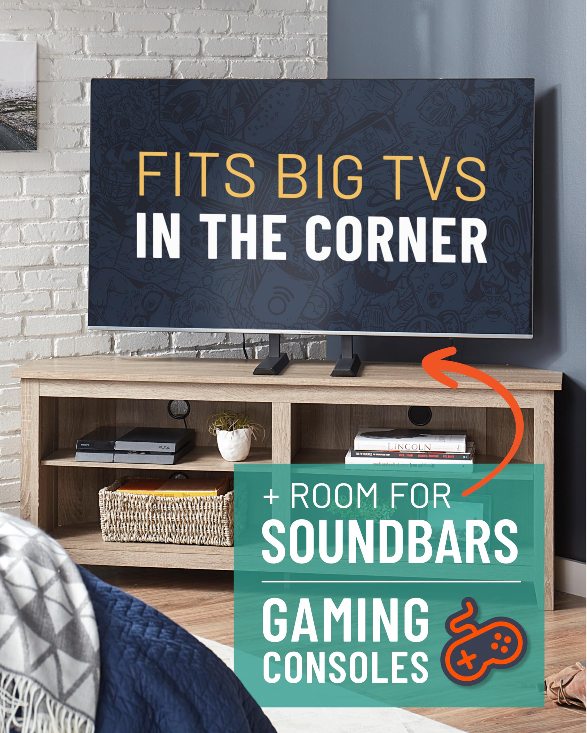 ECHOGEAR mounted TV with soundbar underneath, provides clearance for audio gear