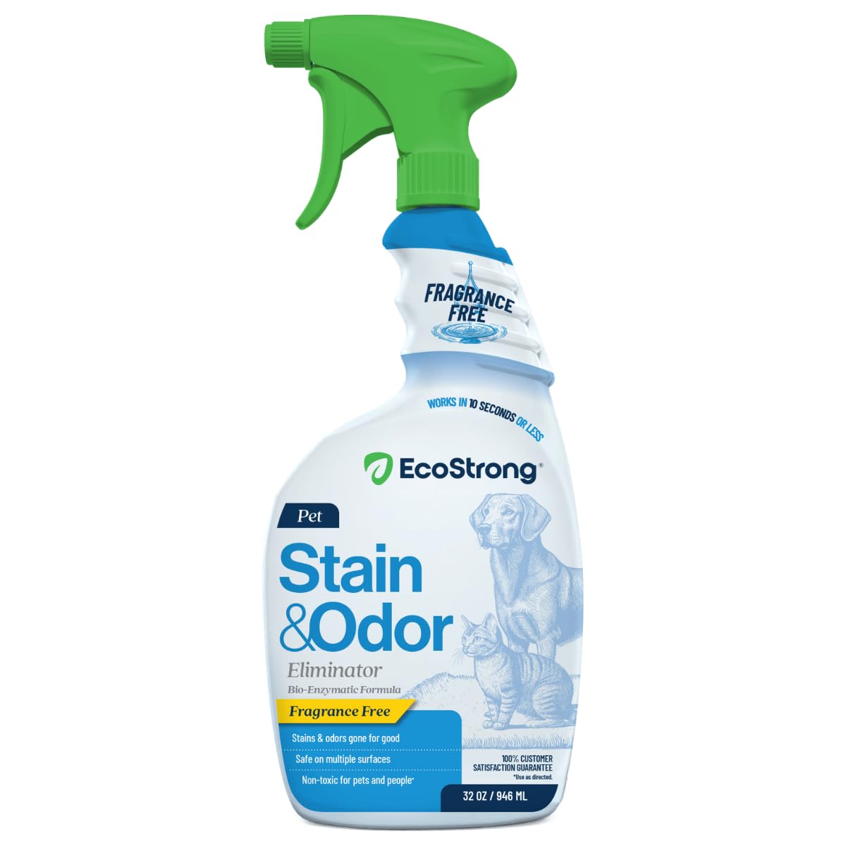 Eco Strong front label showing 32oz bottle and clear usage benefits