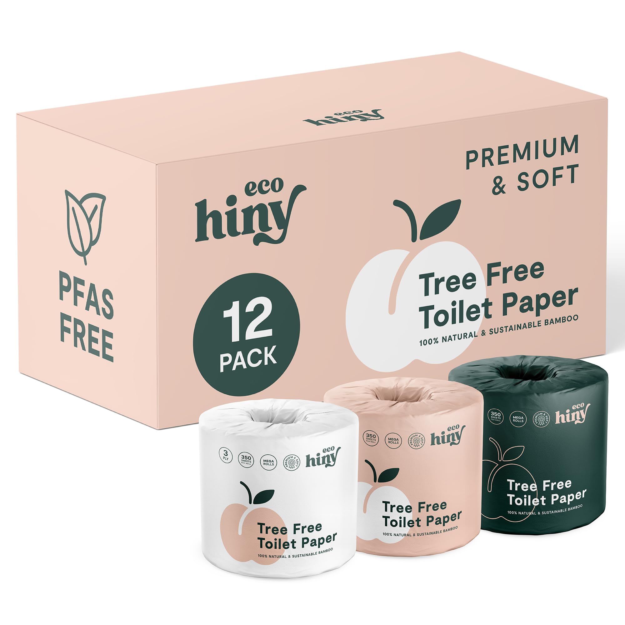 ecoHiny front packaging showing 12 mega rolls and eco benefits
