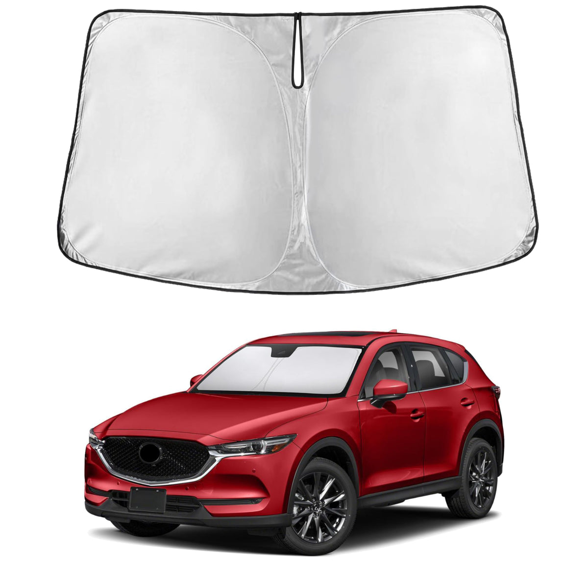 EcoNour front view of sunshade for Mazda CX-5 showing full windshield coverage and protection