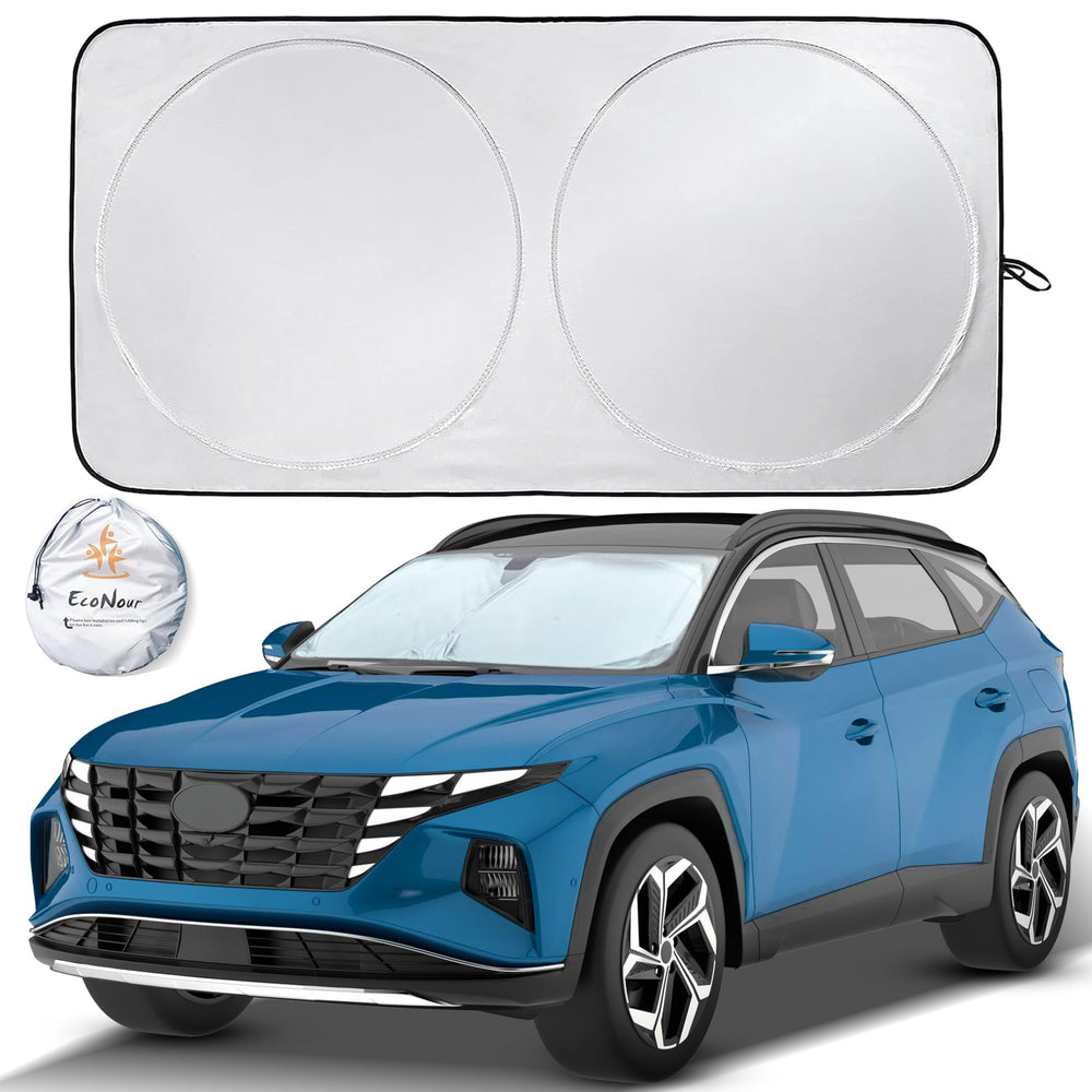 EcoNour front view of open windshield sun shade showing full coverage and cooling benefit