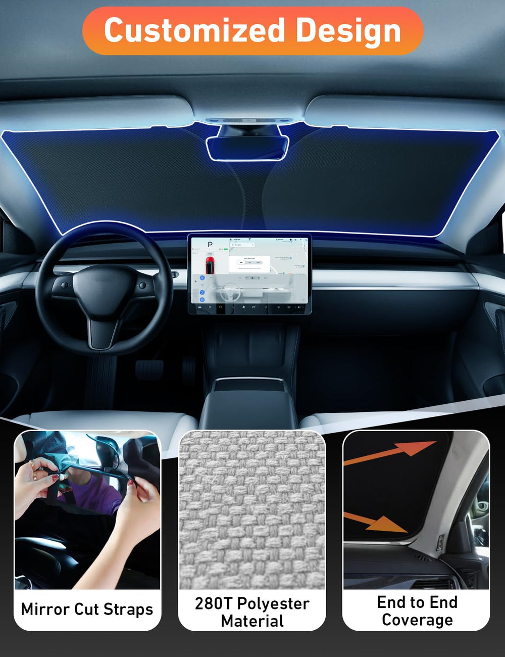 EcoNour installed inside windshield demonstrating complete sun blockage