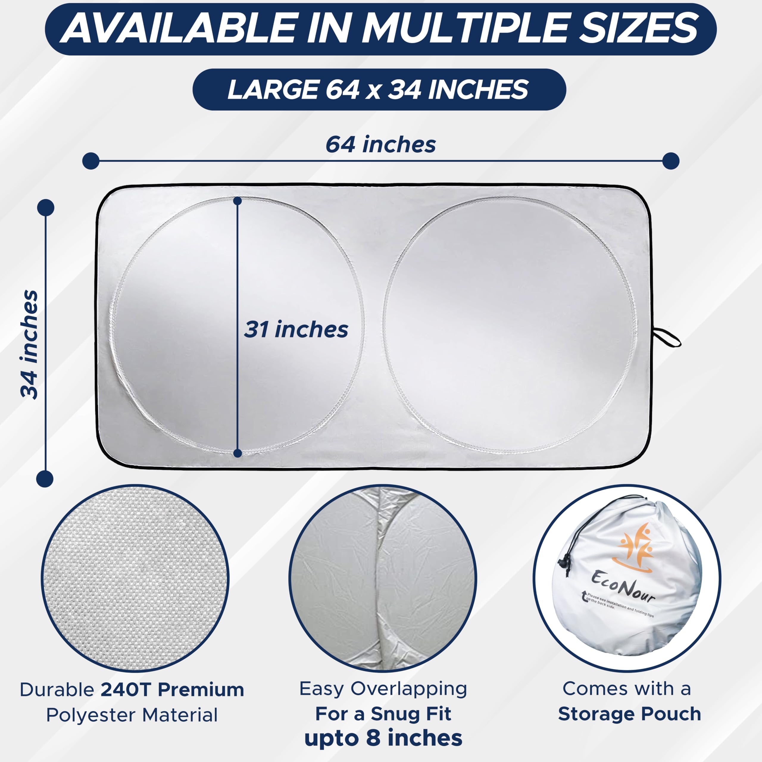EcoNour size comparison against windshield showing fit for SUVs and large sedans benefit