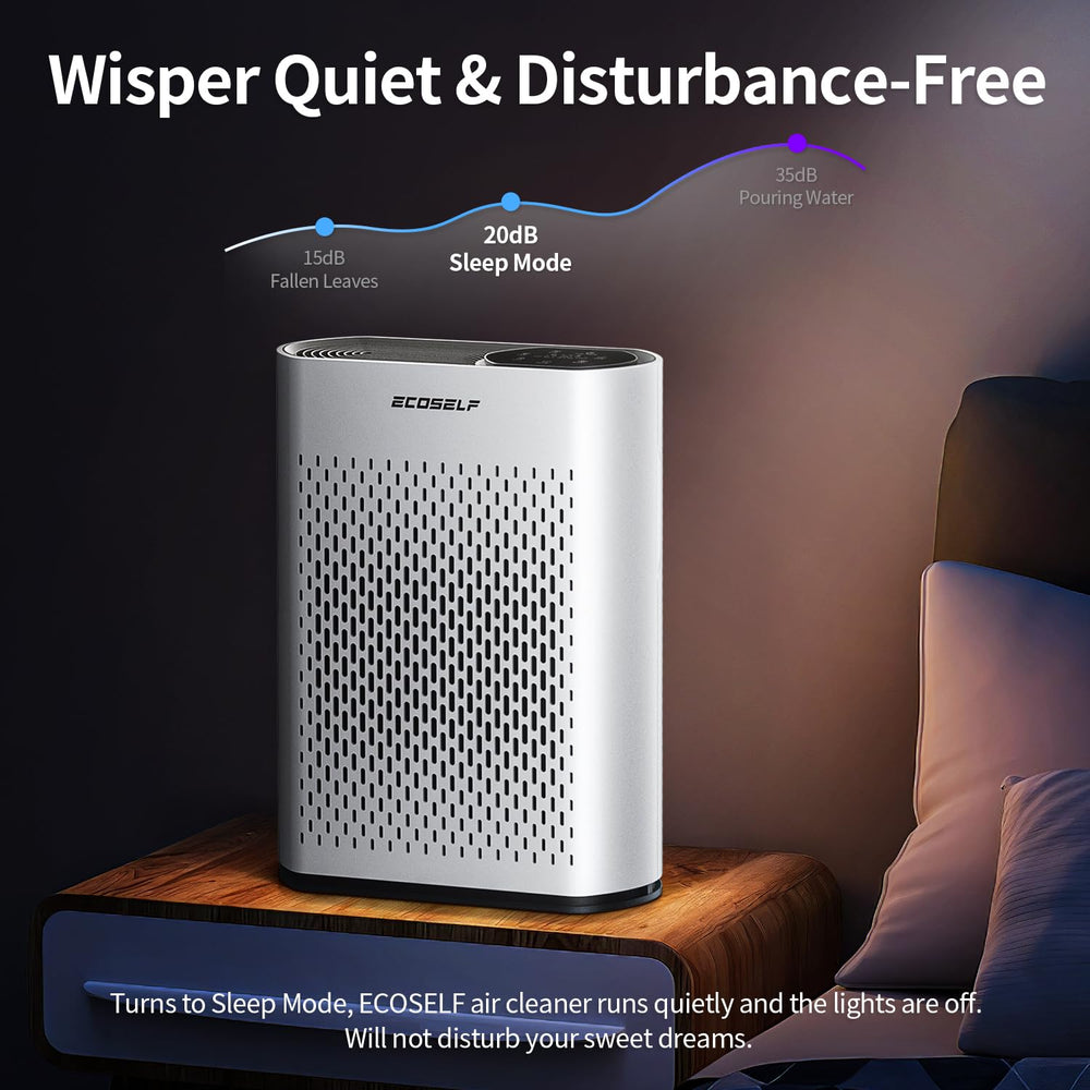 ECOSELF in bedroom sleep mode showing ultra-quiet operation for undisturbed rest