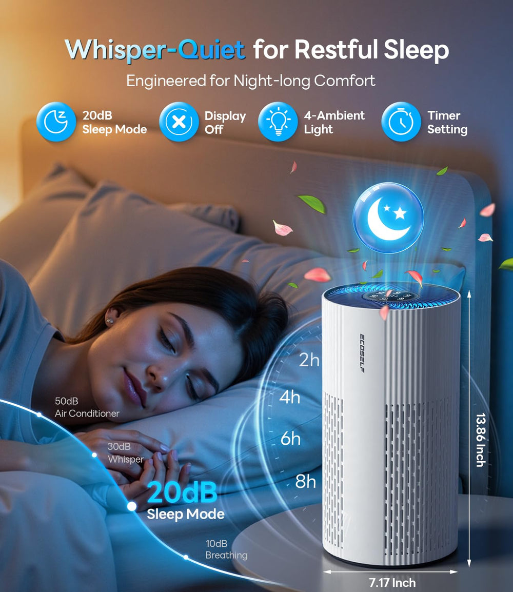 ECOSELF HAP604 in a calm bedroom setting, whisper-quiet sleep mode promotes undisturbed rest
