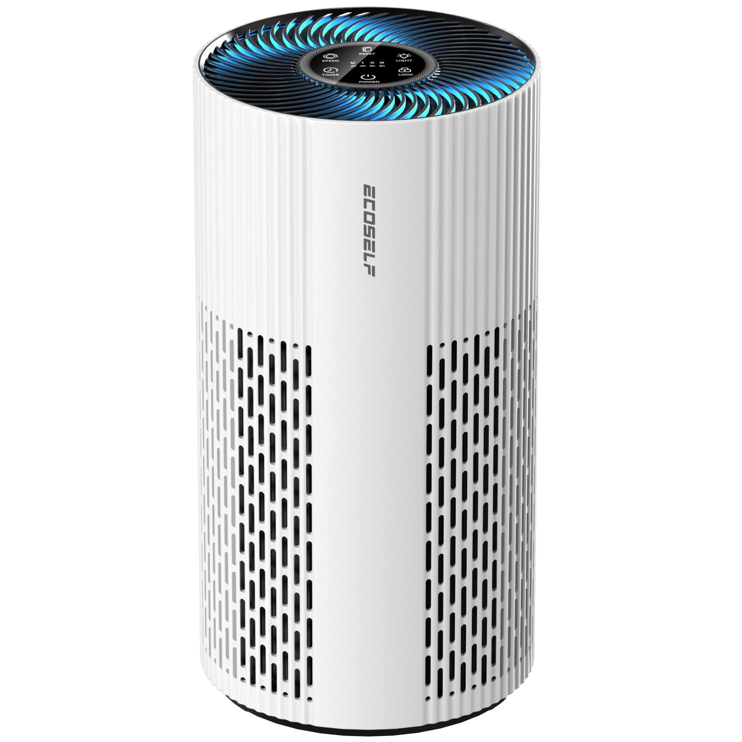 ECOSELF HAP604 front view showing sleek white housing and air outlet, improves home air quality