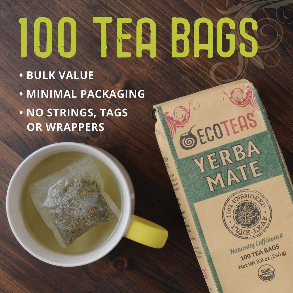 ECOTEAS tea bag close-up showing leaf texture and pure unsmoked quality benefit