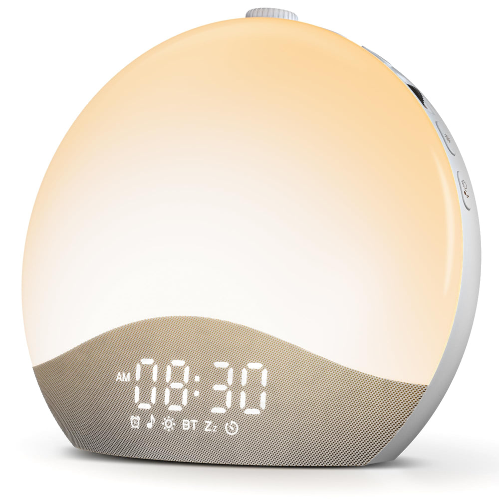 ecozy front view white clock on nightstand showing display and benefit of gentle wake