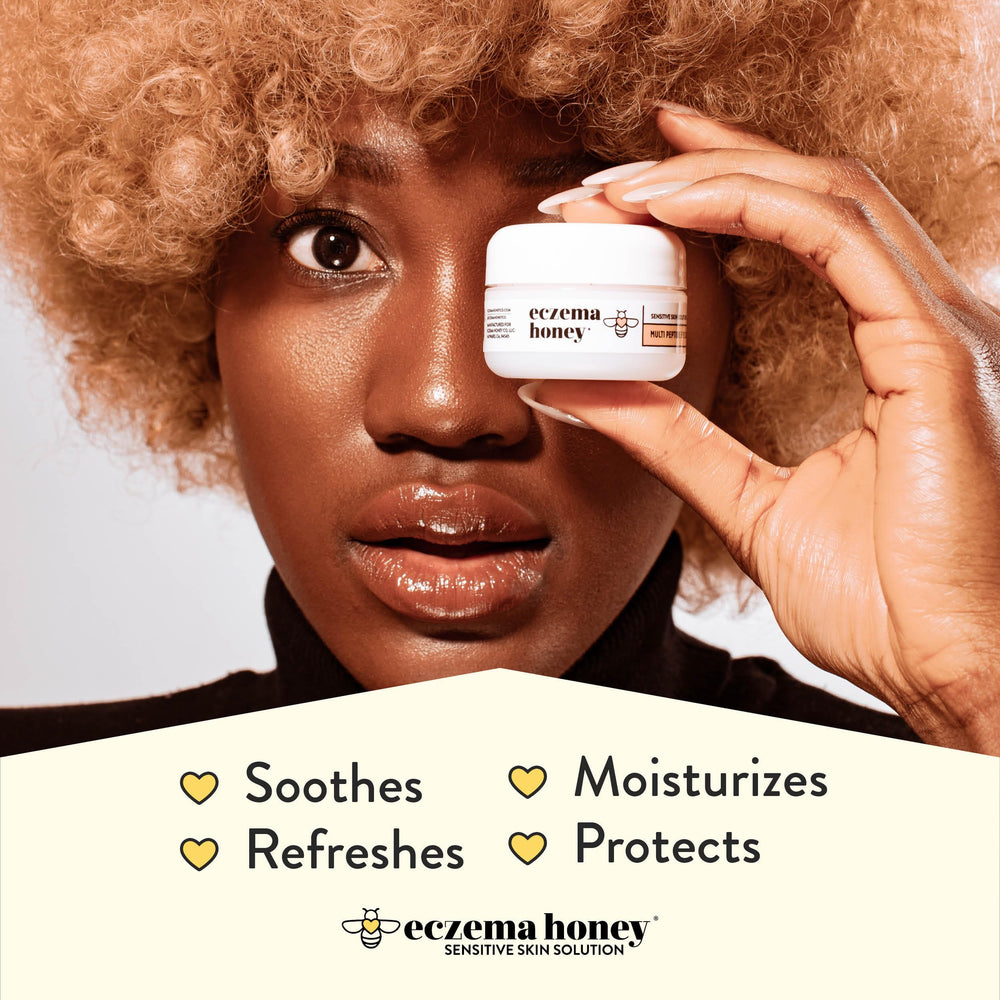 ECZEMA HONEY jar beside coin to show 0.5 oz compact size and travel ease