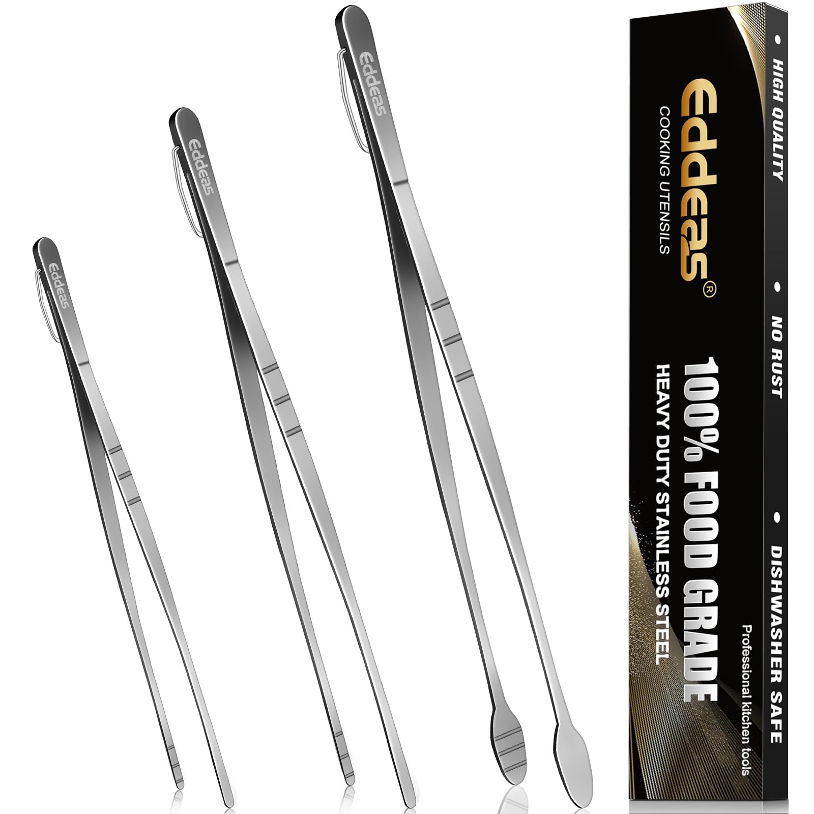 Eddeas front view of three tweezers set showing sizes and finish, professional utility