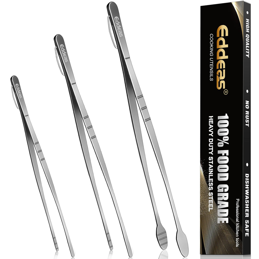Eddeas front view of three tweezers set showing sizes and finish, professional utility