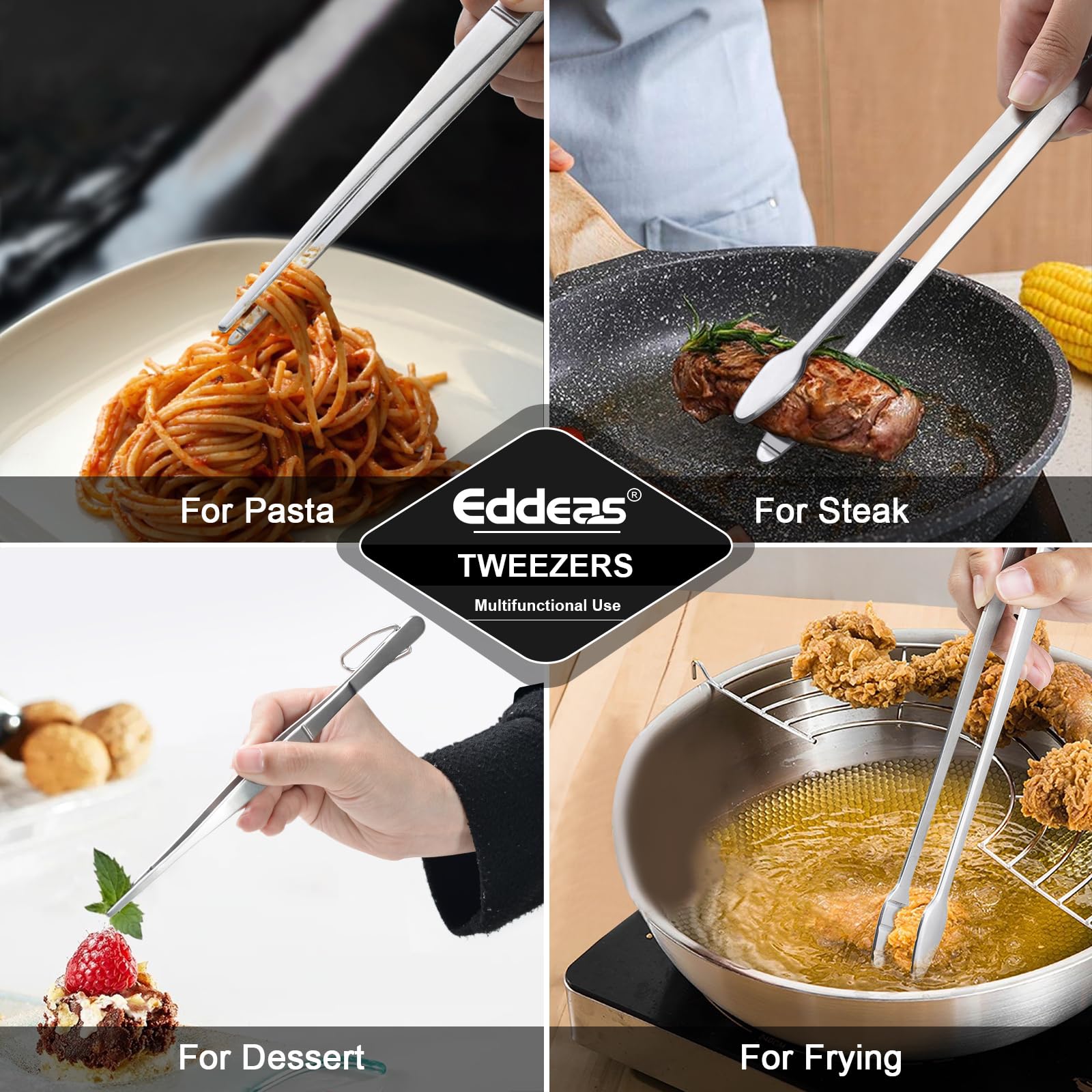 Eddeas reaching into deep pan with long tweezer for safe, heat-distant handling