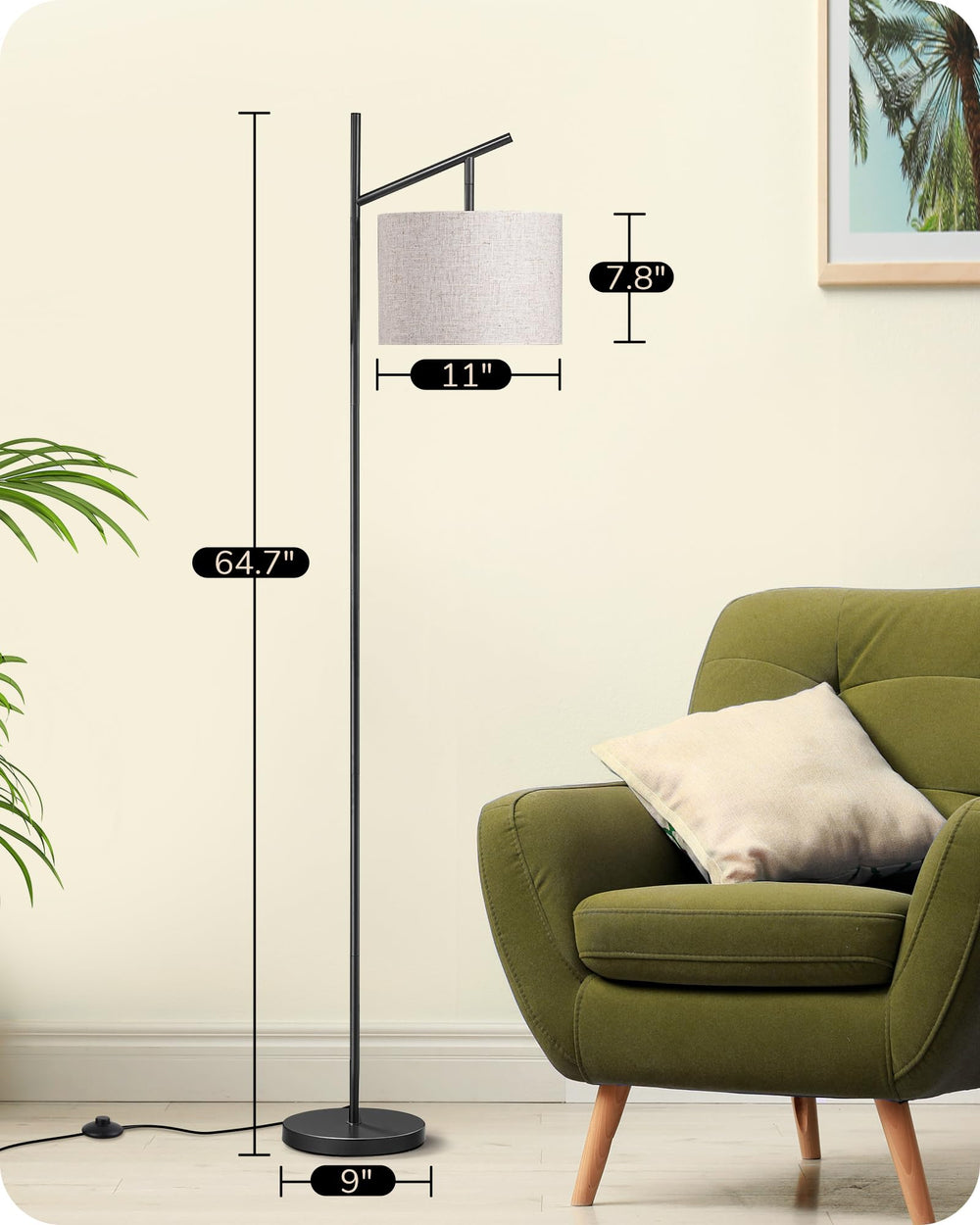 EDISHINE lamp next to sofa for scale showing 64.7-inch height and space-saving benefit